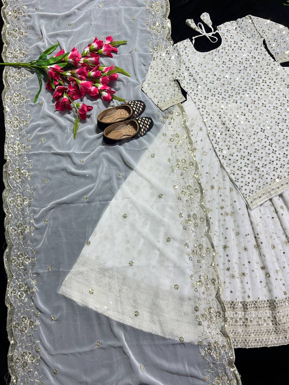 White Color Top with Lehenga Faux Georgette Work