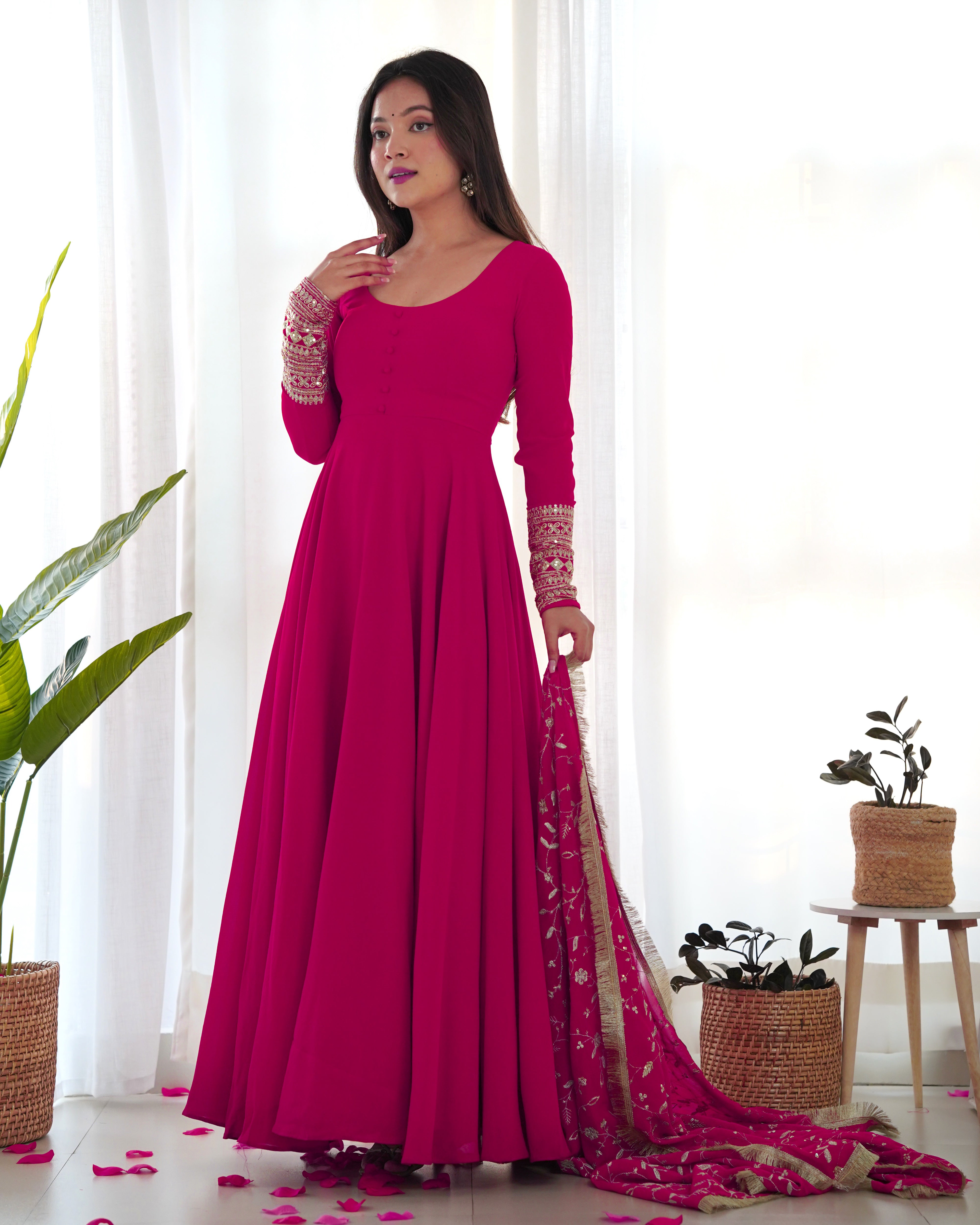 Soft Organza silk with a print Pink Anarkali Suit for Women