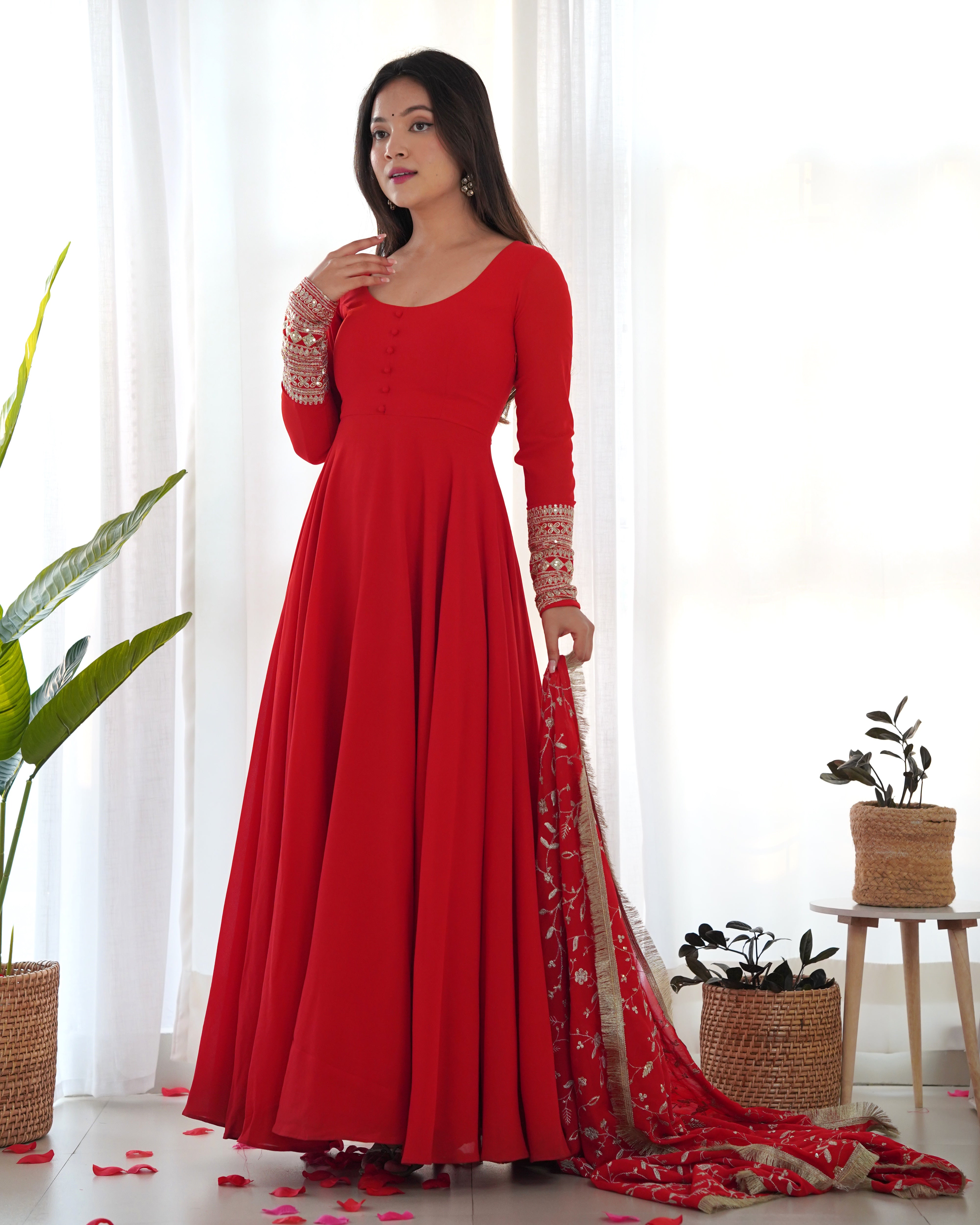 Red Soft Organza Silk Anarkali Gown for Women