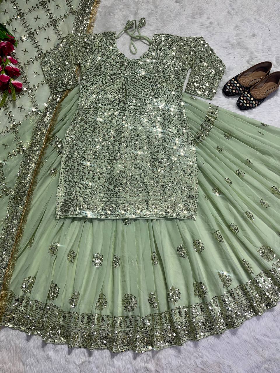 Green Color Faux Georgette Top with Lehenga Set