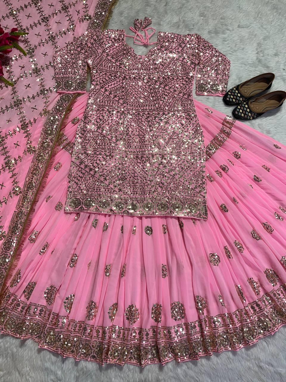 Pink Faux Georgette Suit with Lehenga Set