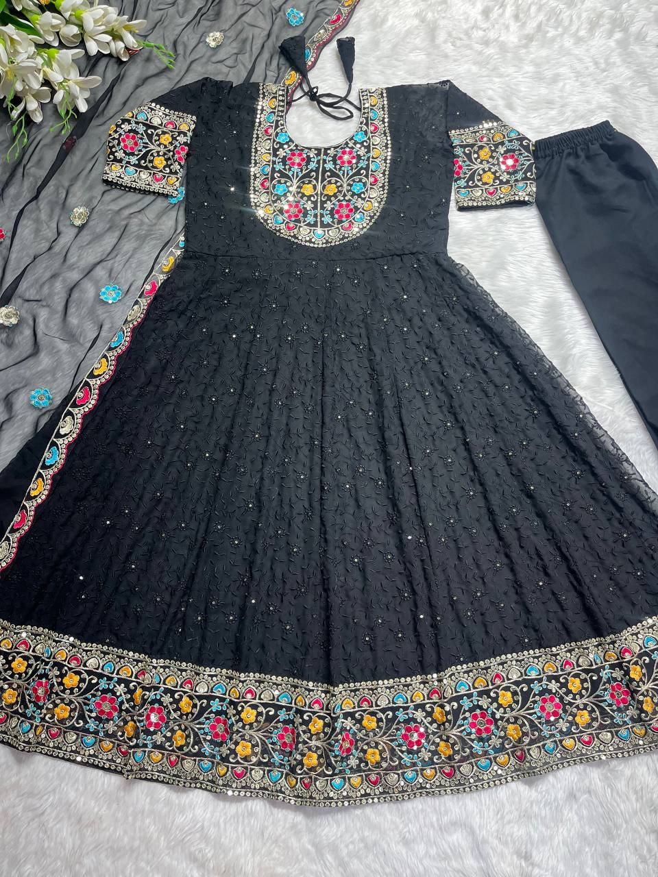 Georgette with Sleeves Black Gown with Dupatta Set