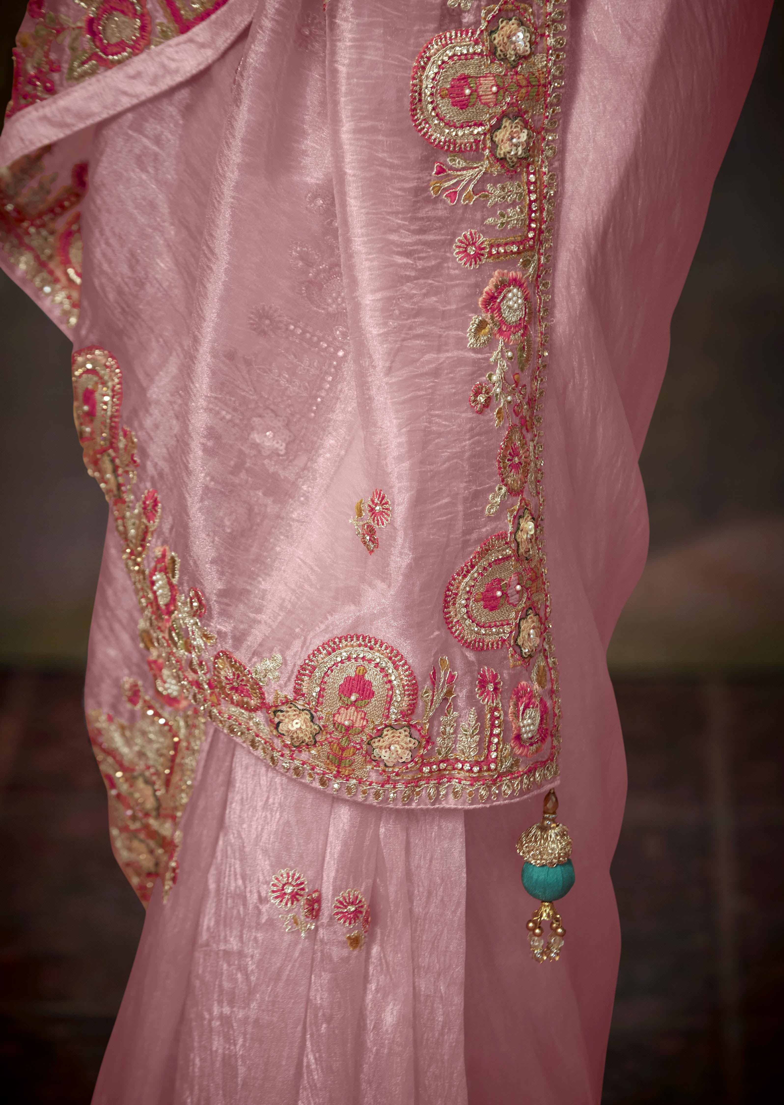 Pink Vichitra Soft Silk Saree Blouse Embroidery Work