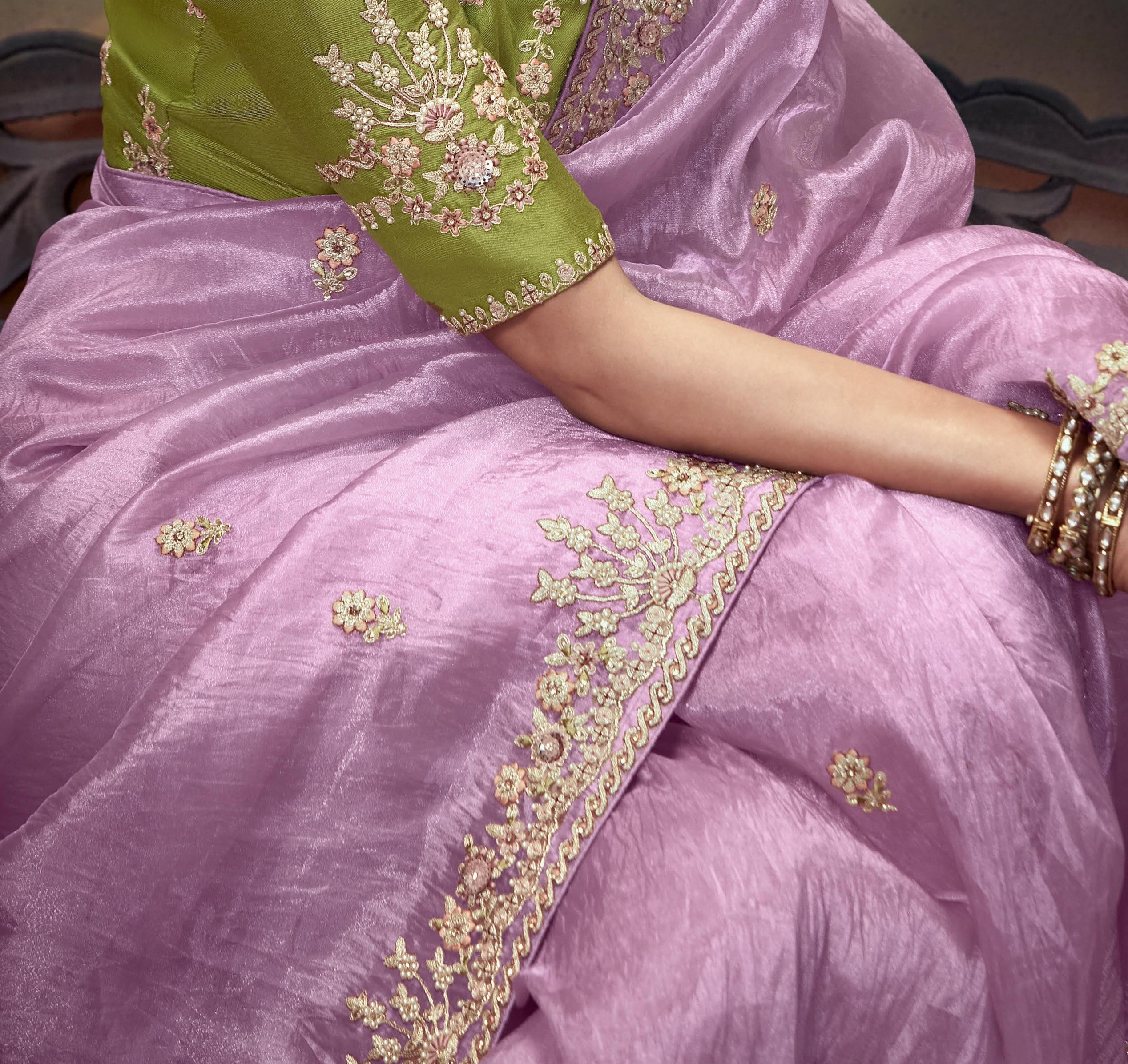 Pink Soft Saree and Green Embroidery Blouse for Women