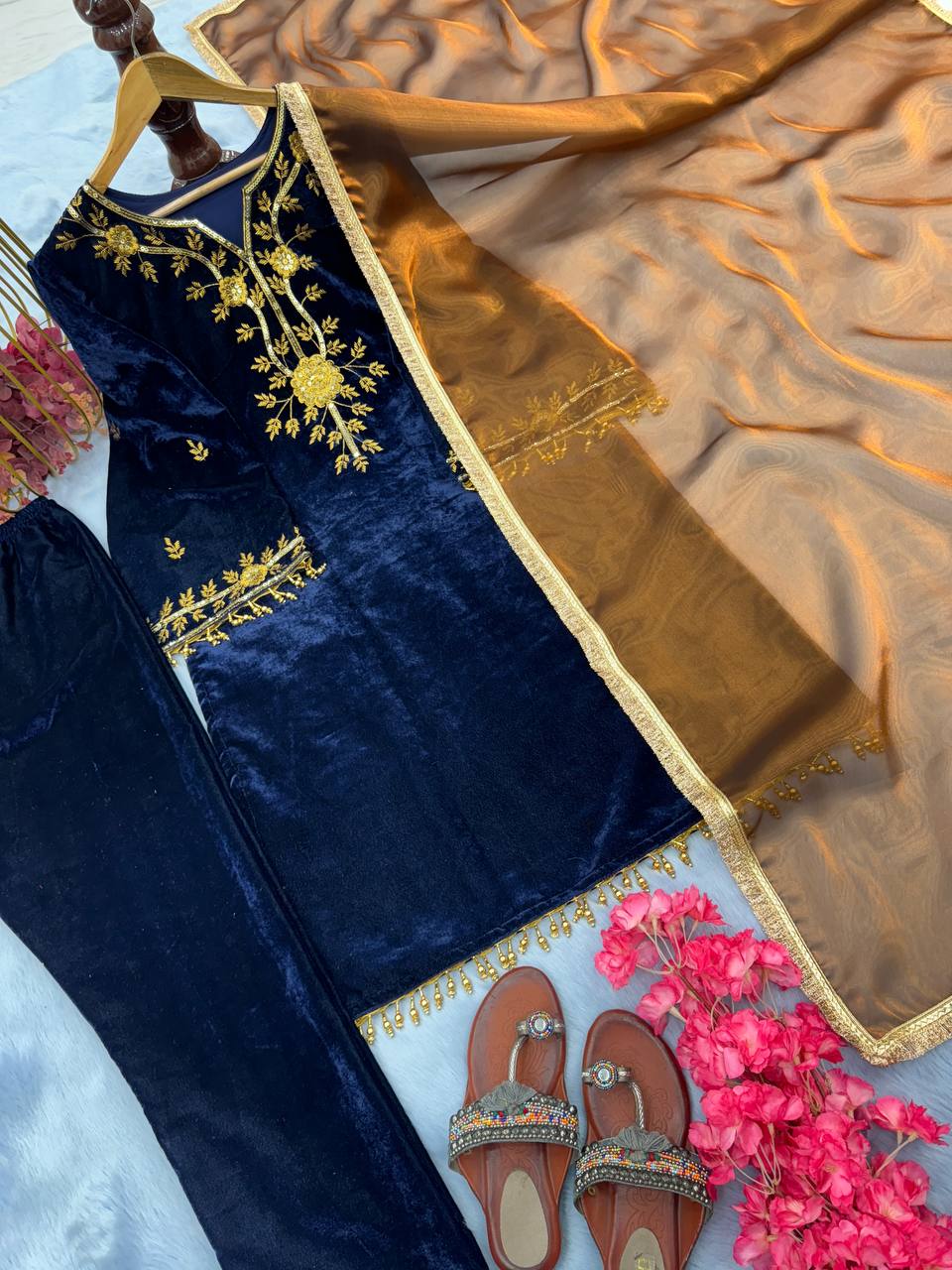 Ready Made Velvet Top and Sequence Embroidered Salwar Kameez