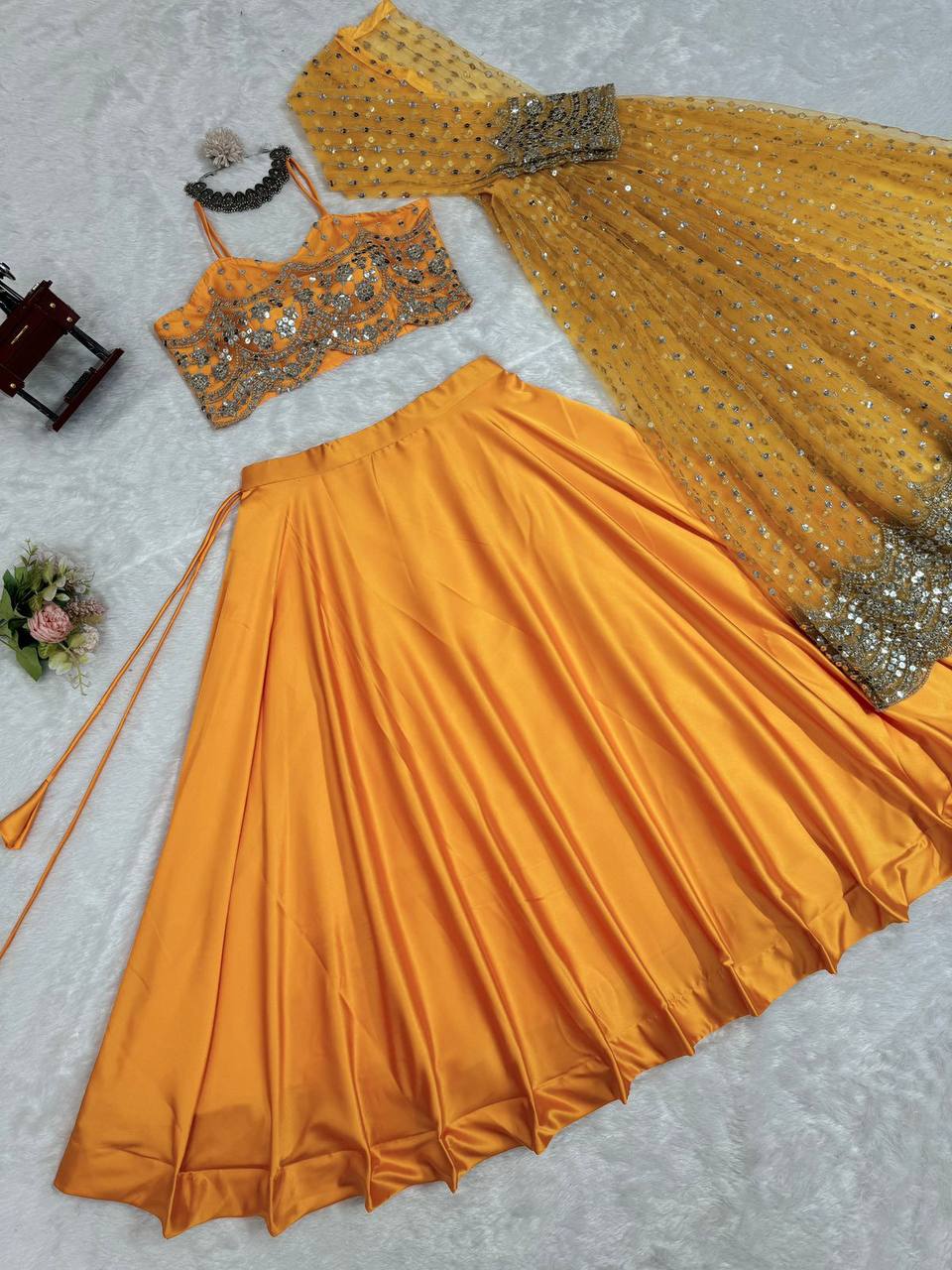 Luxurious Japan Satin Lehenga with 4.5 Meter Flair, Butterfly Net Choli & Koti with Sequins