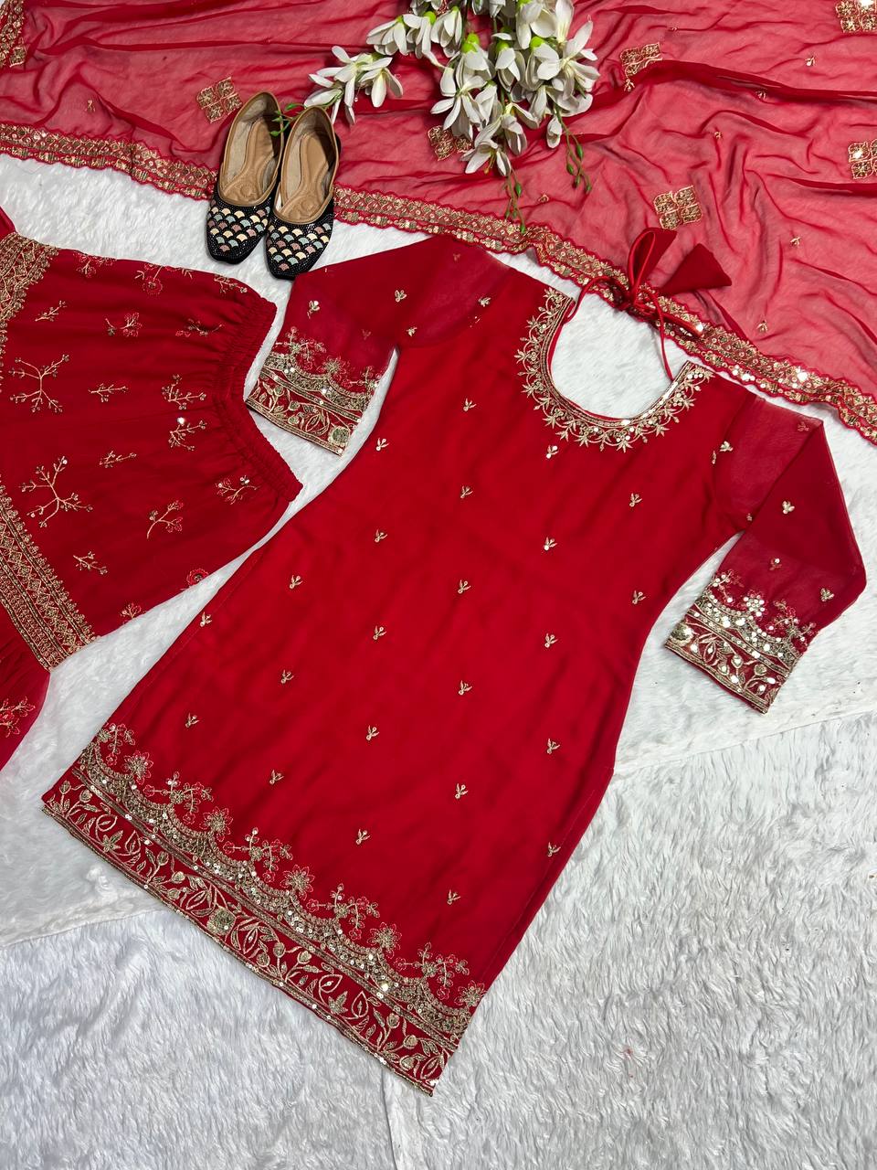 Latest Designer Red  Heavy Faux Georgette Sharara Palazzo Set