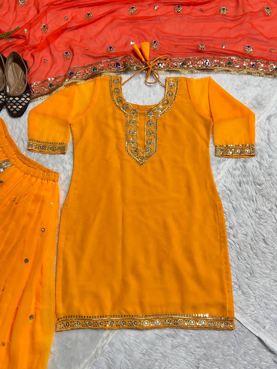 Georgette with Embroidery Yellow Wedding Occasion Top with Dhoti Skirt