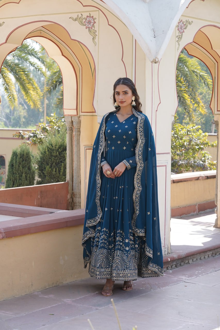 Russian Silk with Embroidery Printed Anarkali Gown