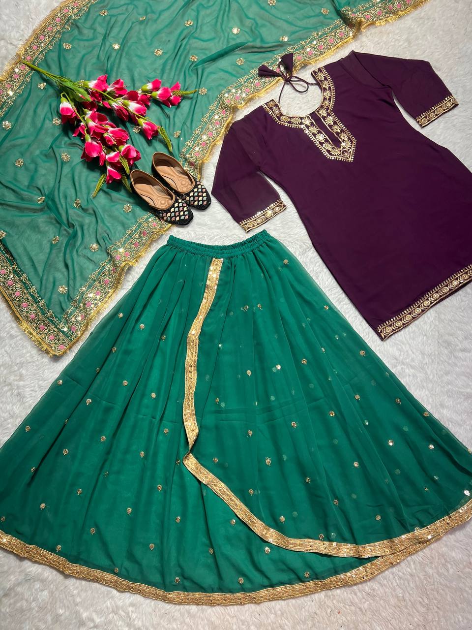 Faux Georgette Purple and Green Punjabi Suit with Dhoti Skirt