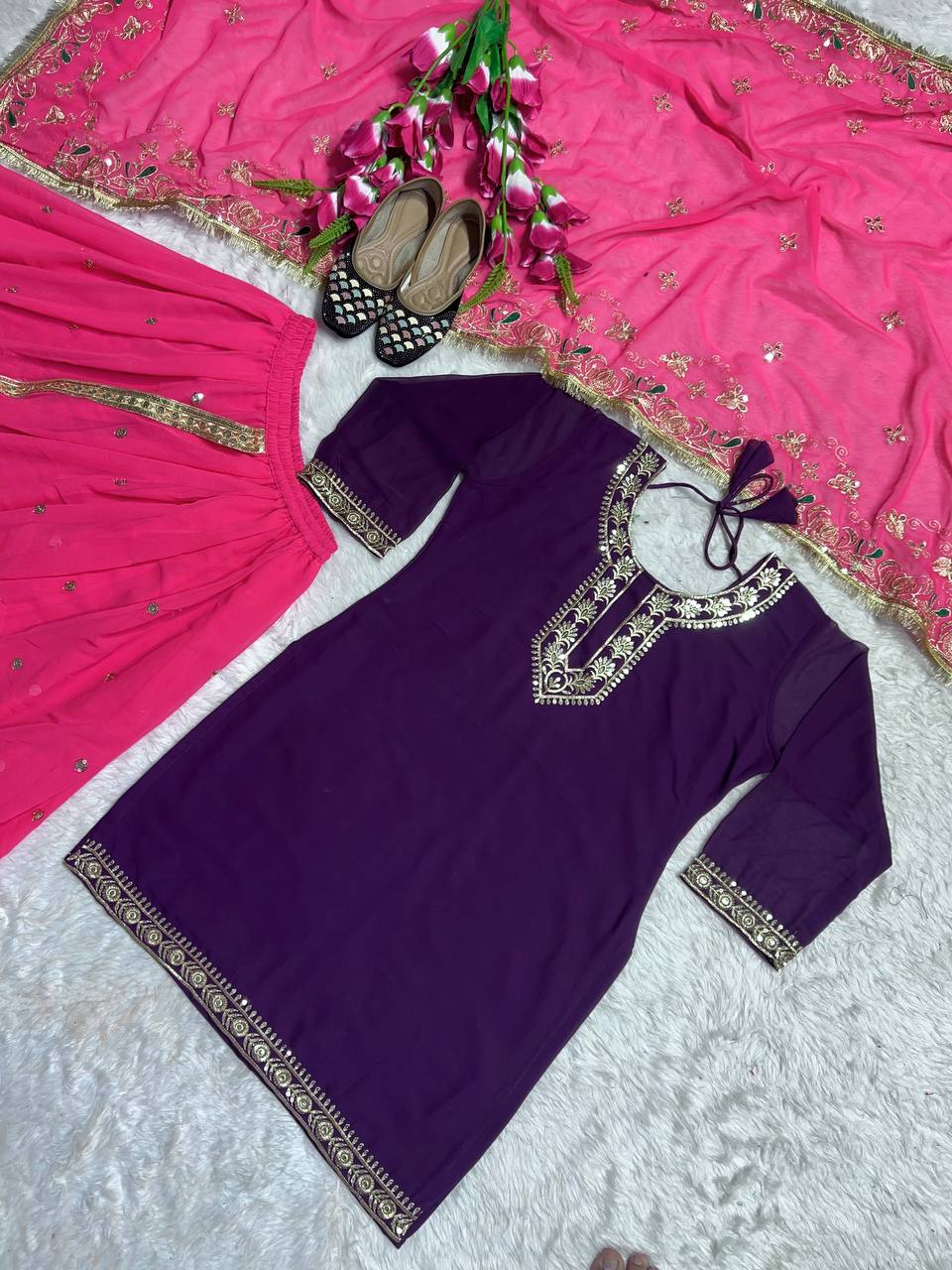 Pink Faux Georgette with Heavy Embroidery Top with Dhoti Skirt