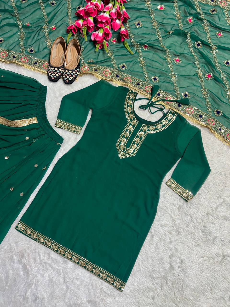 Green Georgette  Dhoti Skirt with Suit for Women