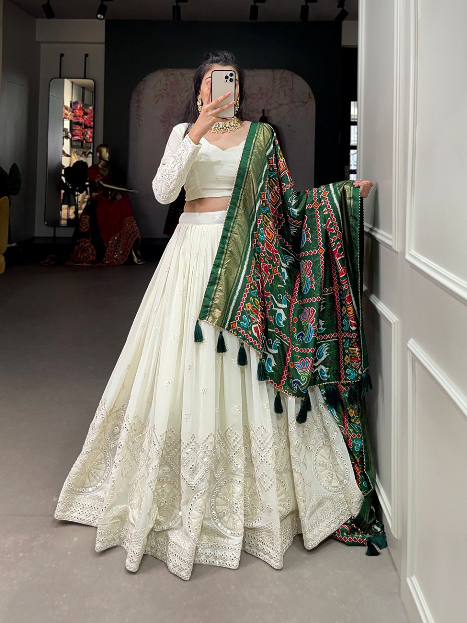 Elegant Georgette Lehenga Set with Lucknowi Mirror Work and Patola Print Dupatta