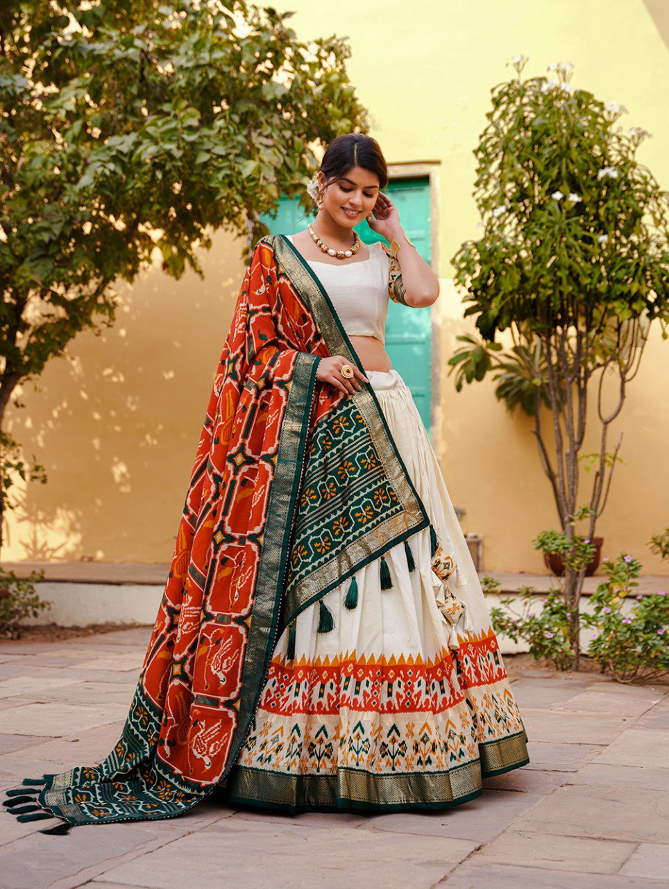 Opulent Tussar Silk Lehenga Set with Patola and Foil Print, Traditional Outfits For Women