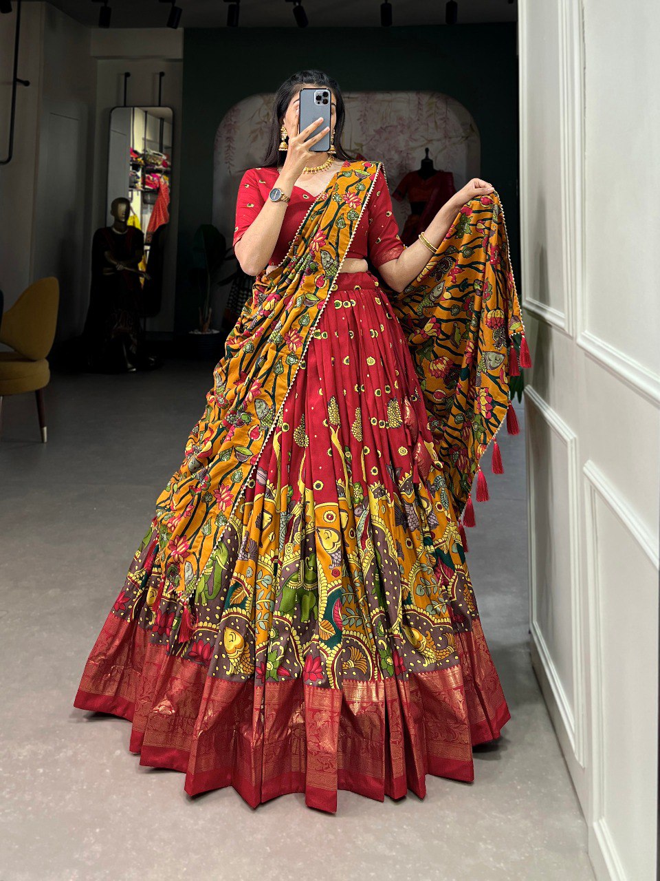 Kalamkari Print Tussar Silk Navratri Lehenga Set for Women