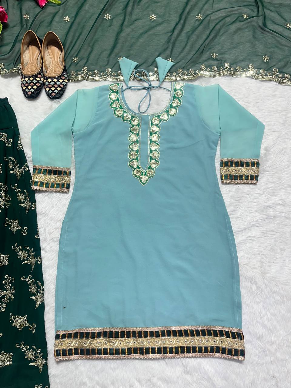 Faux Georgette with sequence embroidery work green salwar kameez