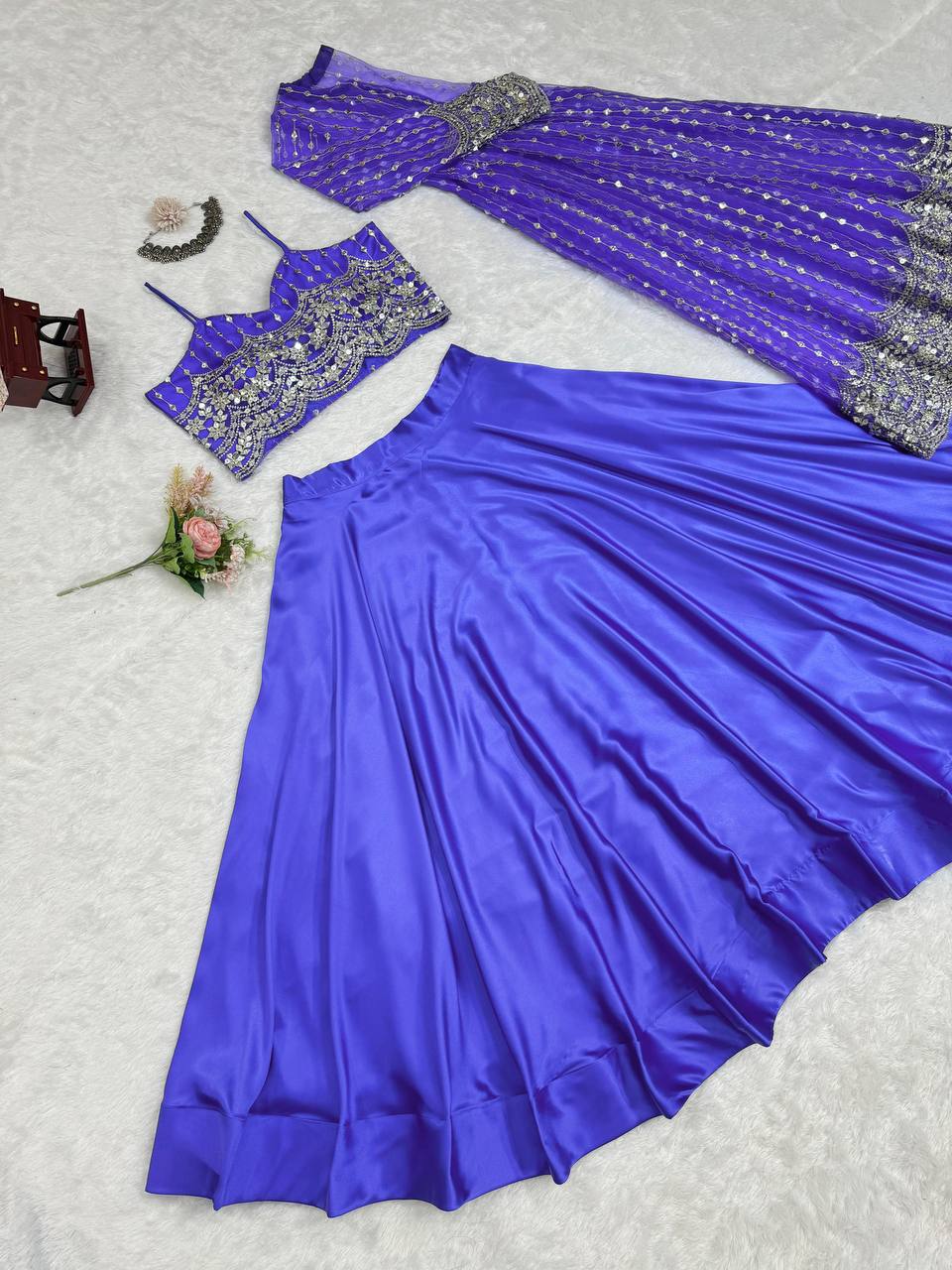 Designer Blue Japan Satin Lehenga Choli