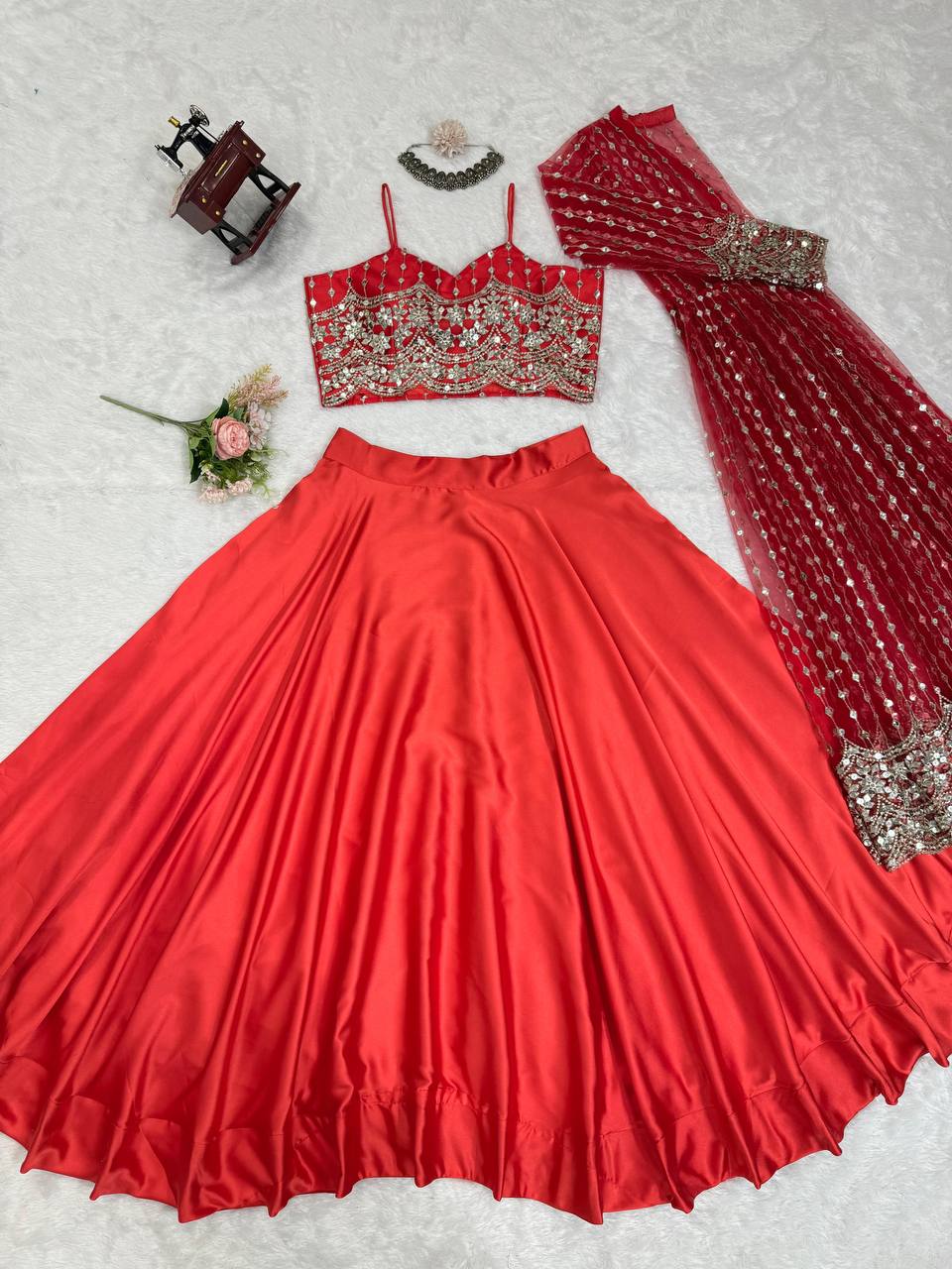 Red Japan Satin Designer Wedding Lehenga Choli for Women