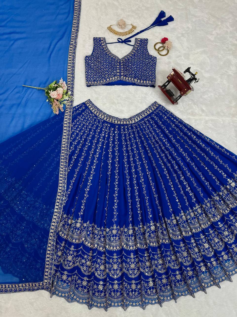 Blue Foux Georgette Embroidery Lehenga Choli for Women