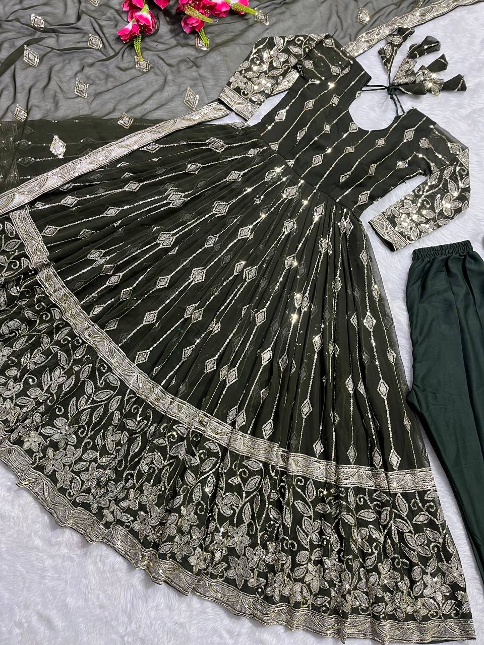 Green Anarkali Suit Set with  Faux Georgette Work