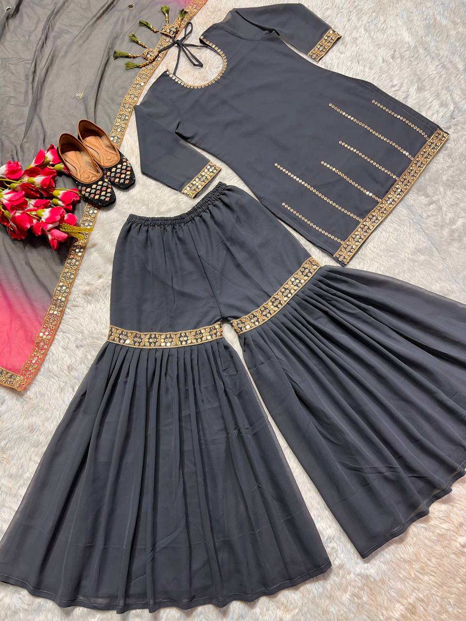 Grey Color Georgette Sharara Palazzo Set