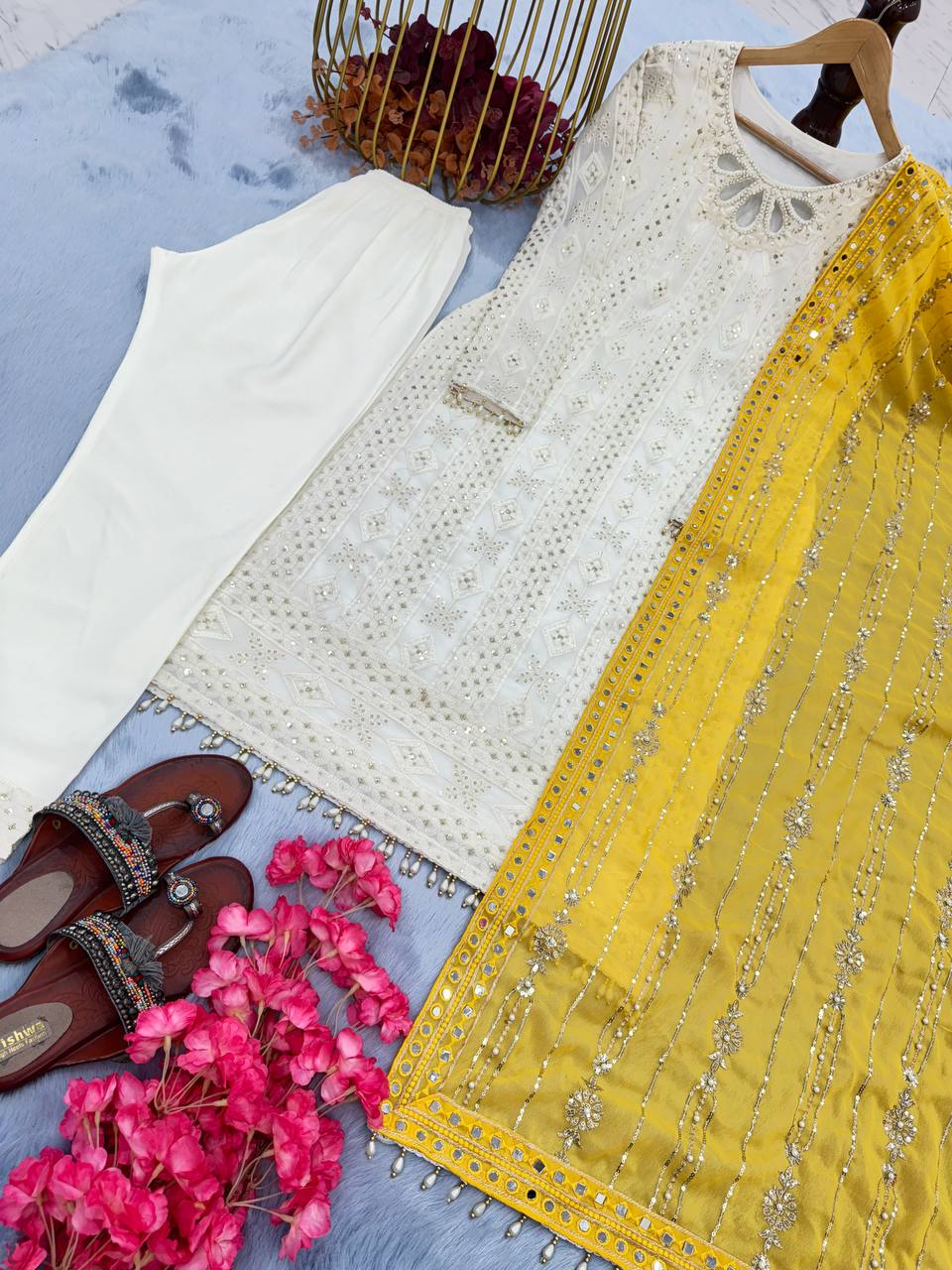 White and Yellow Georgette Kurta Dupatta Set