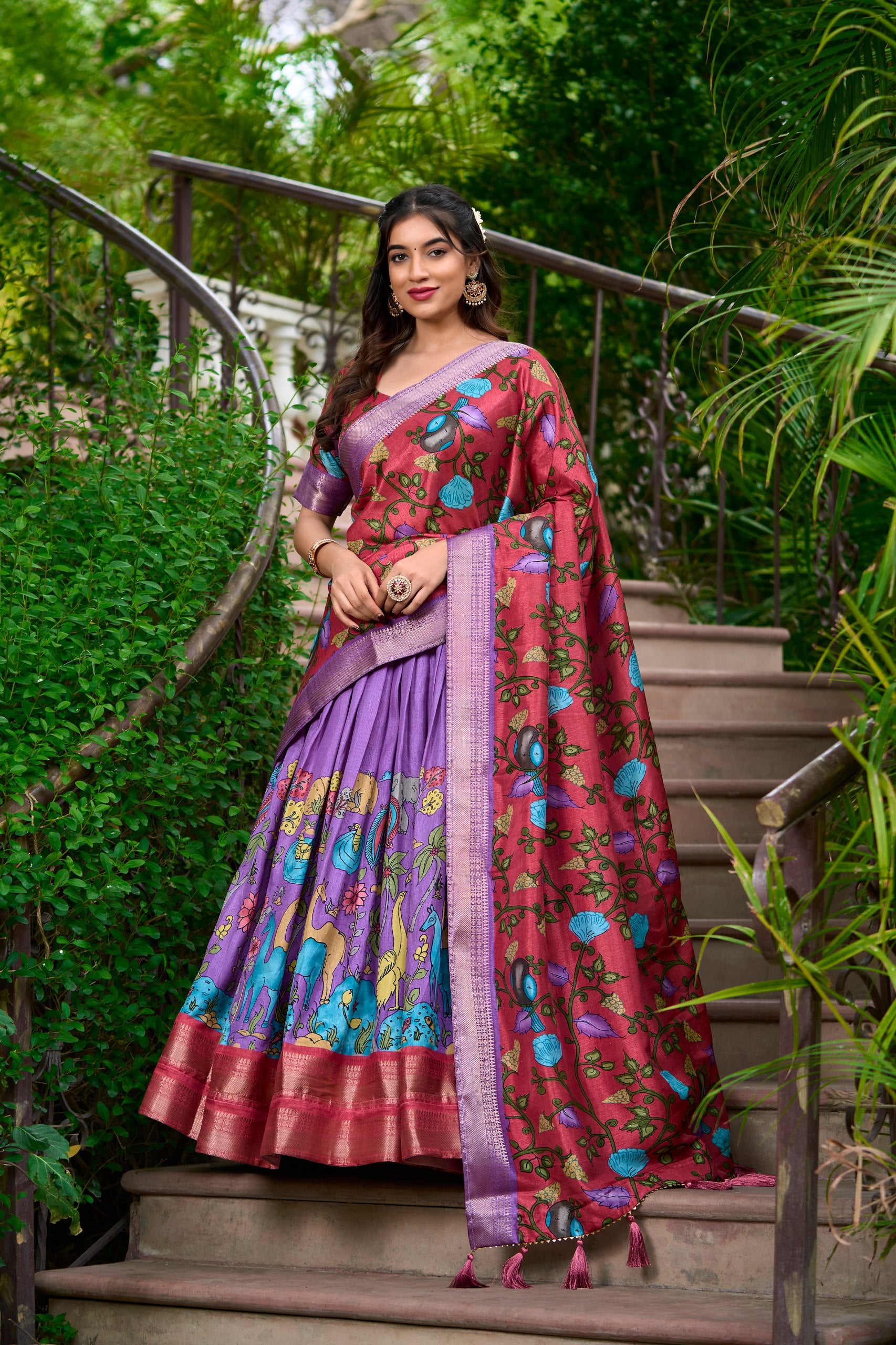 Dola Silk Lehenga Choli Kalamkari Print with Weaving Border