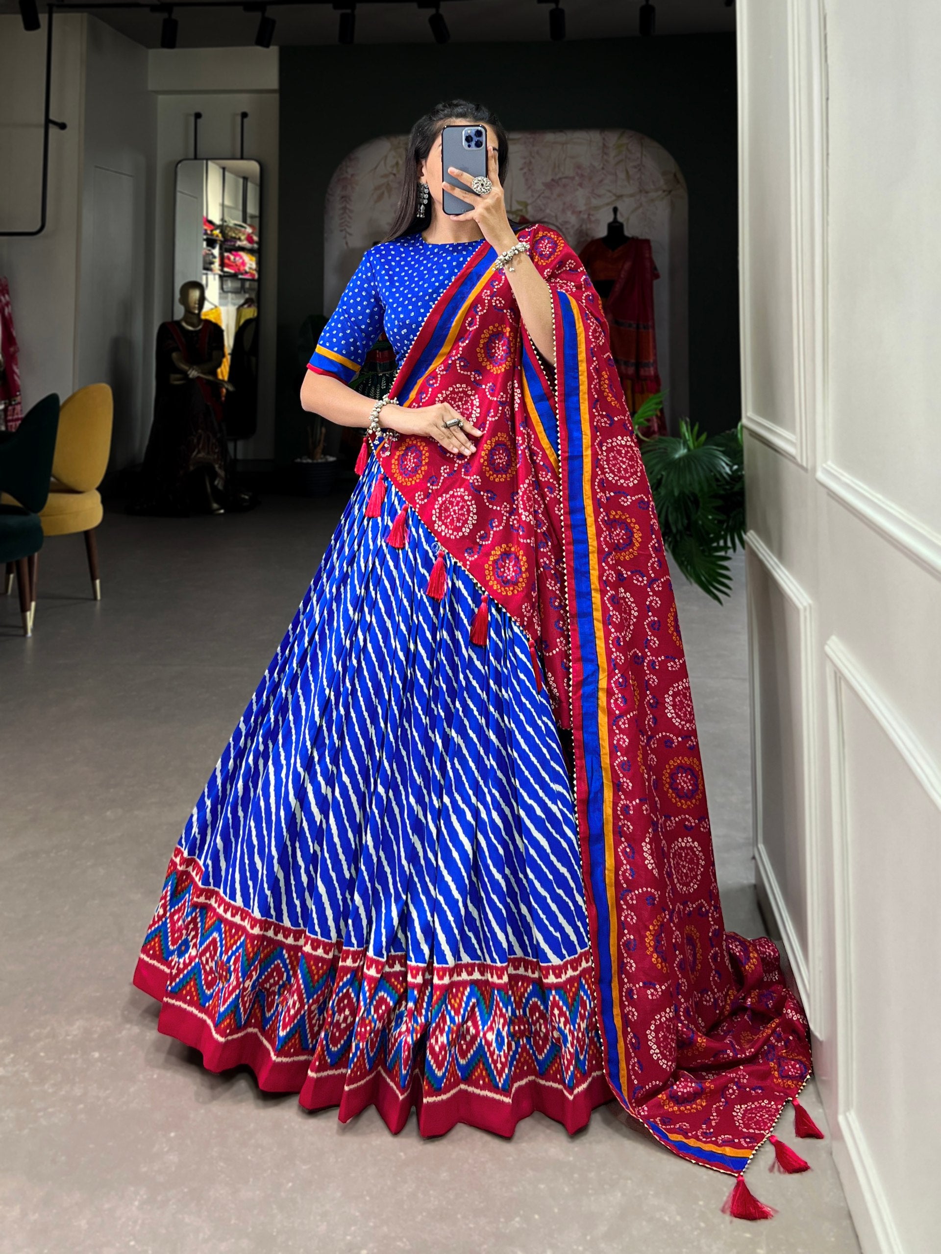 Tussar Silk Leheriya with Patola Print Border Lehenga Choli