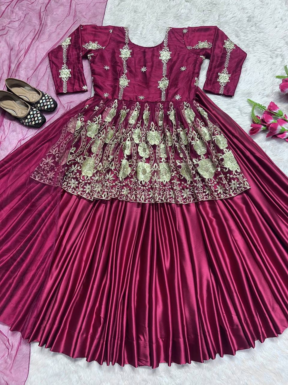 Heavy Butterfly Net Embroidery Work Top with Lehenga Set