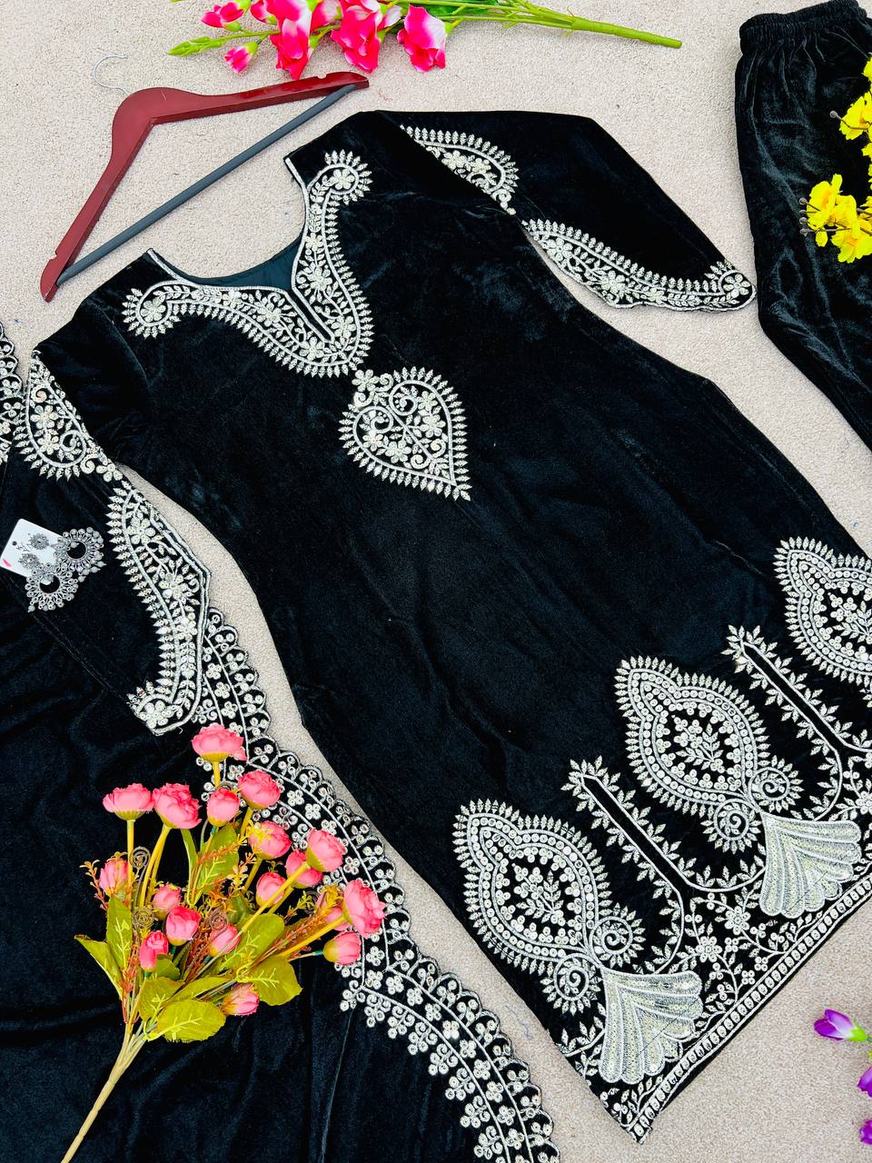 Black Heavy Viscose Velvet Pakistani Salwar Suit With Heavy Embroidery & Sequence Work, Dress For Eid Special