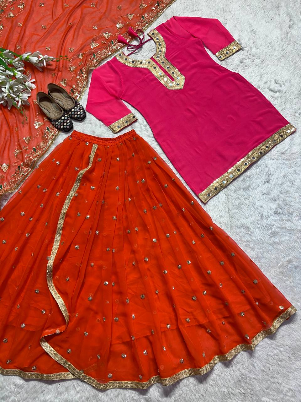 Designer Georgette Top With Dhoti Skirt, Traditional Outfits For Punjabi Wedding