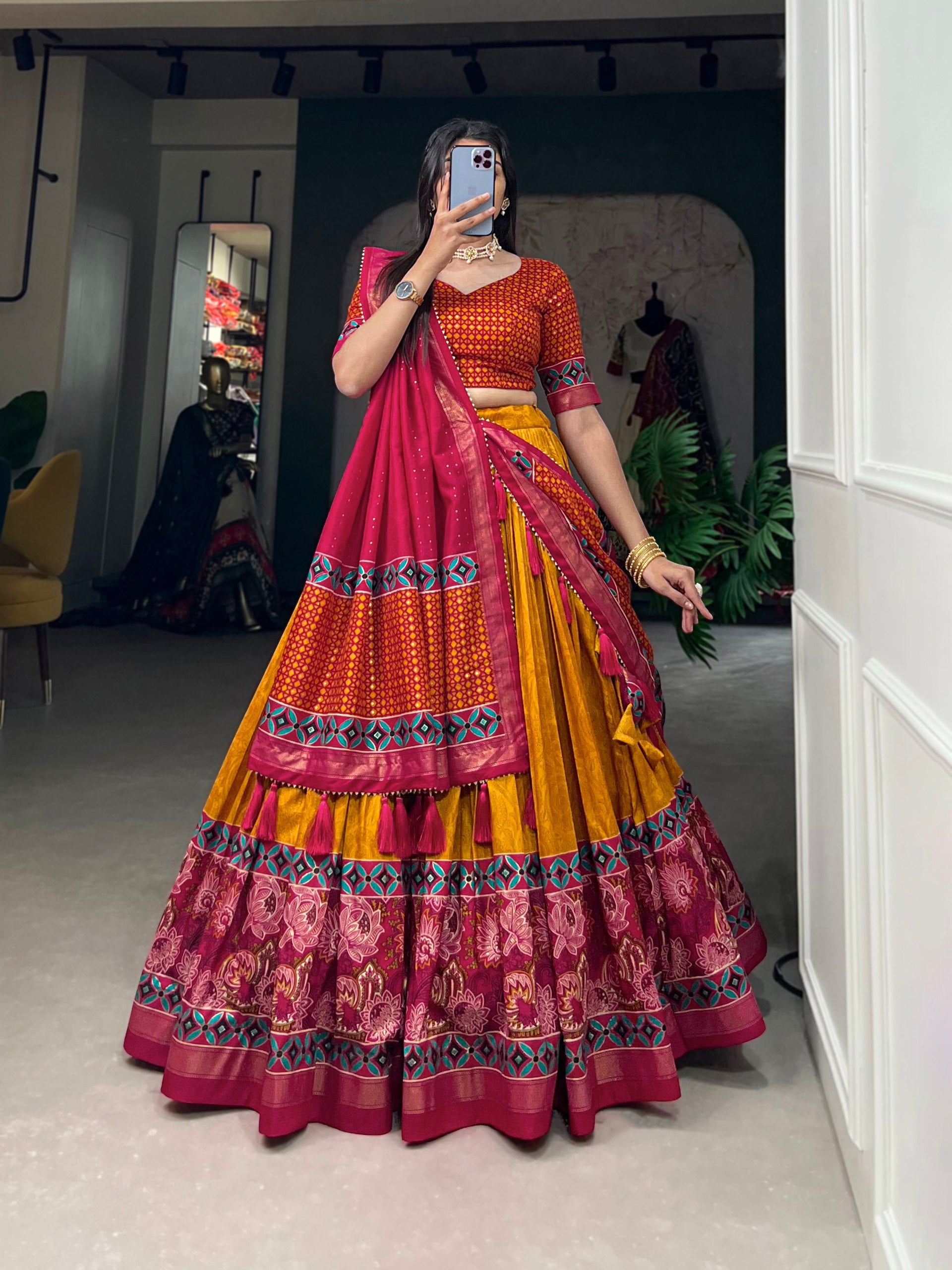 Tussar Silk With Floral Printed Full Stitched Lehenga Choli With Dupatta, Festive Wear