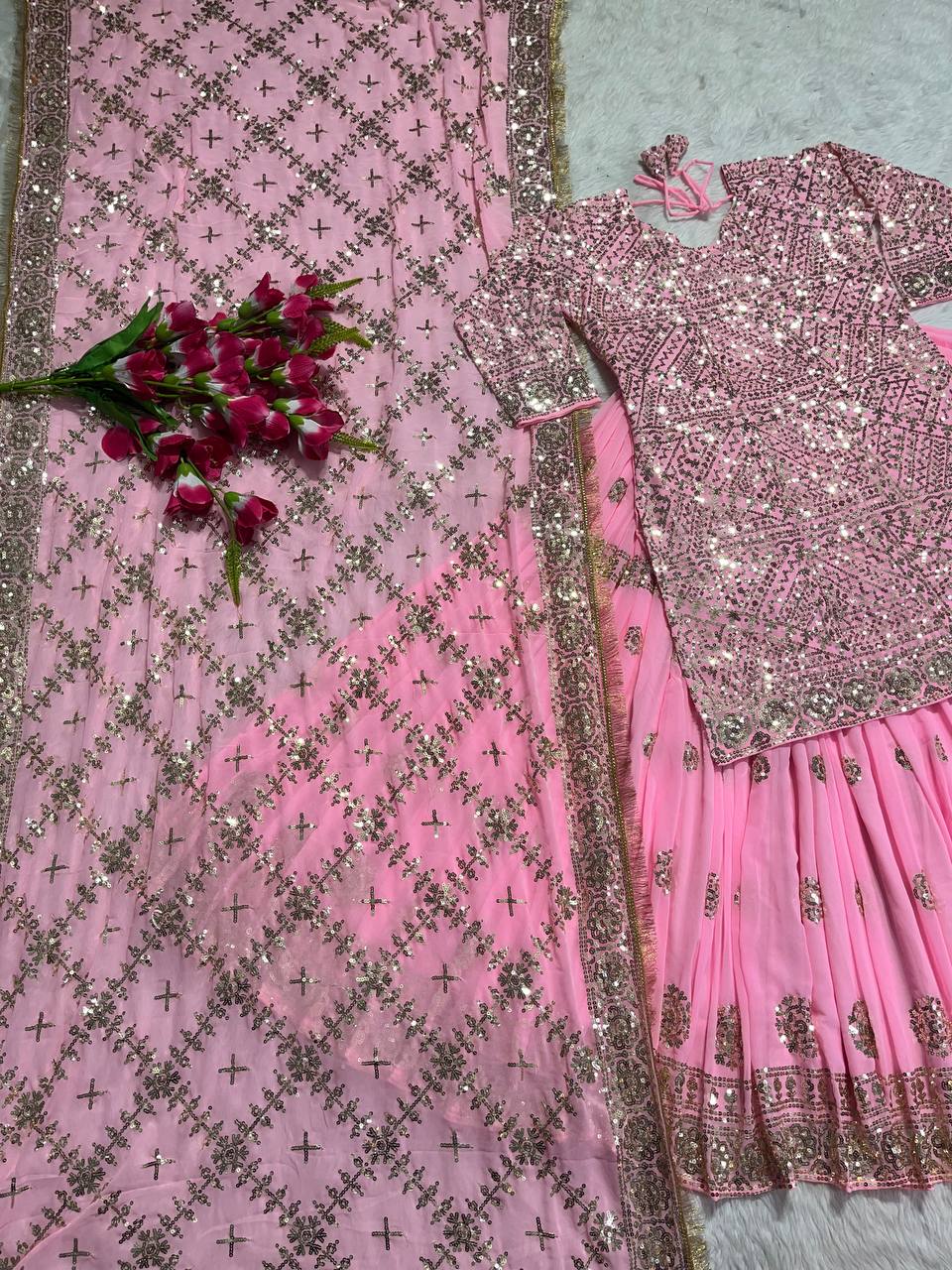 Pink Faux Georgette Suit with Lehenga Set