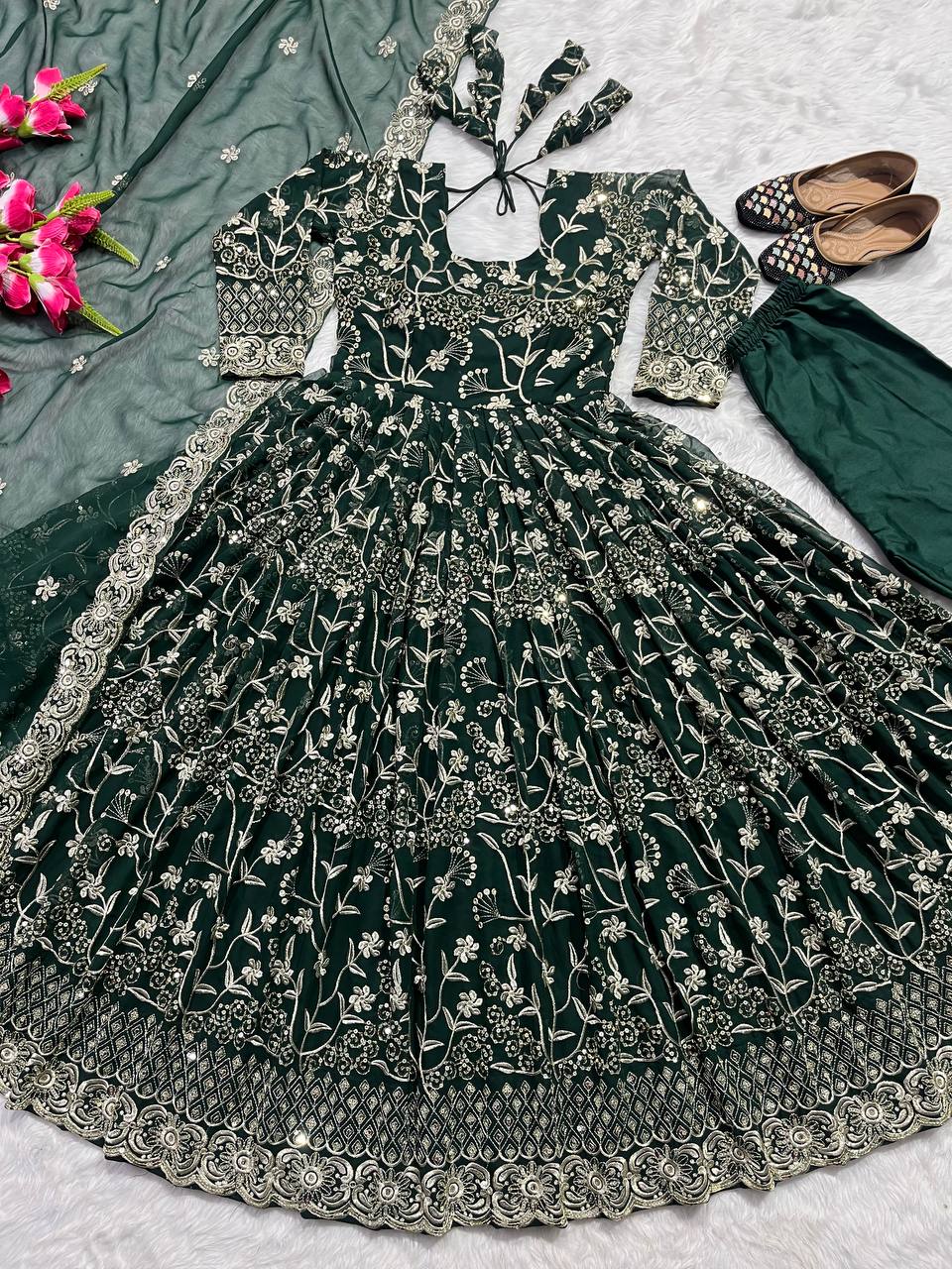 Faux Georgette with Embroidery Work Green Anarkali Gown