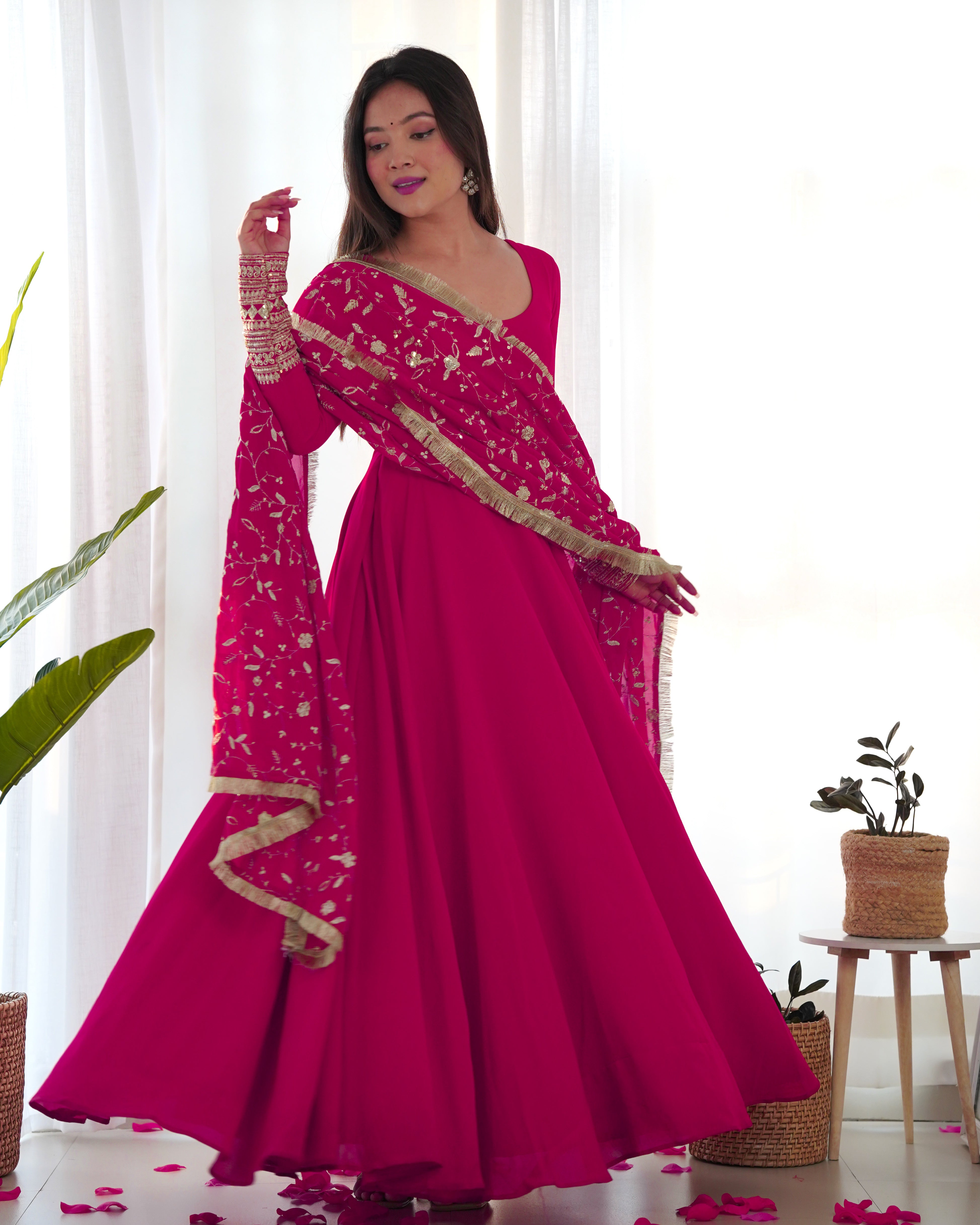 Soft Organza silk with a print Pink Anarkali Suit for Women