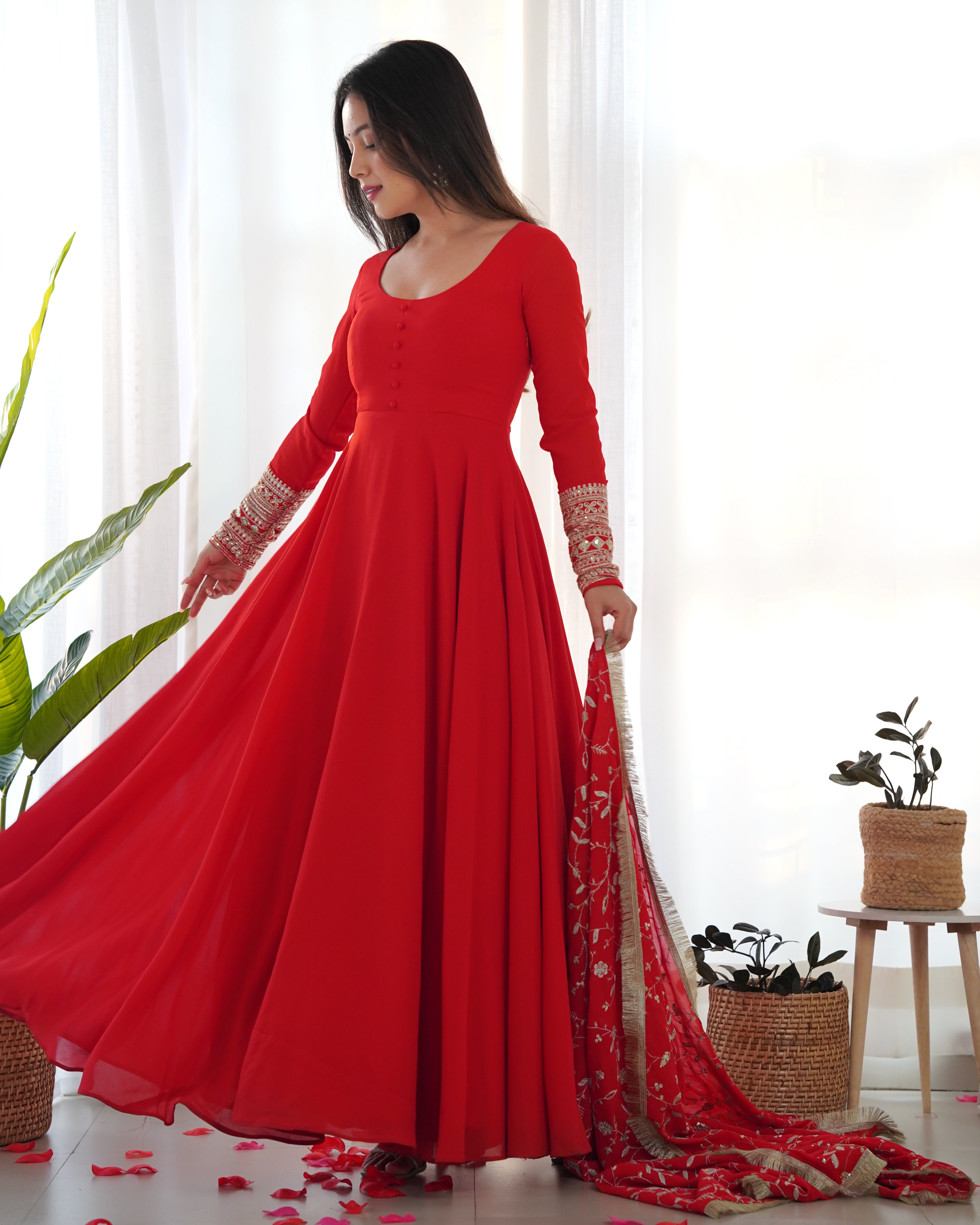 Red Soft Organza Silk Anarkali Gown for Women