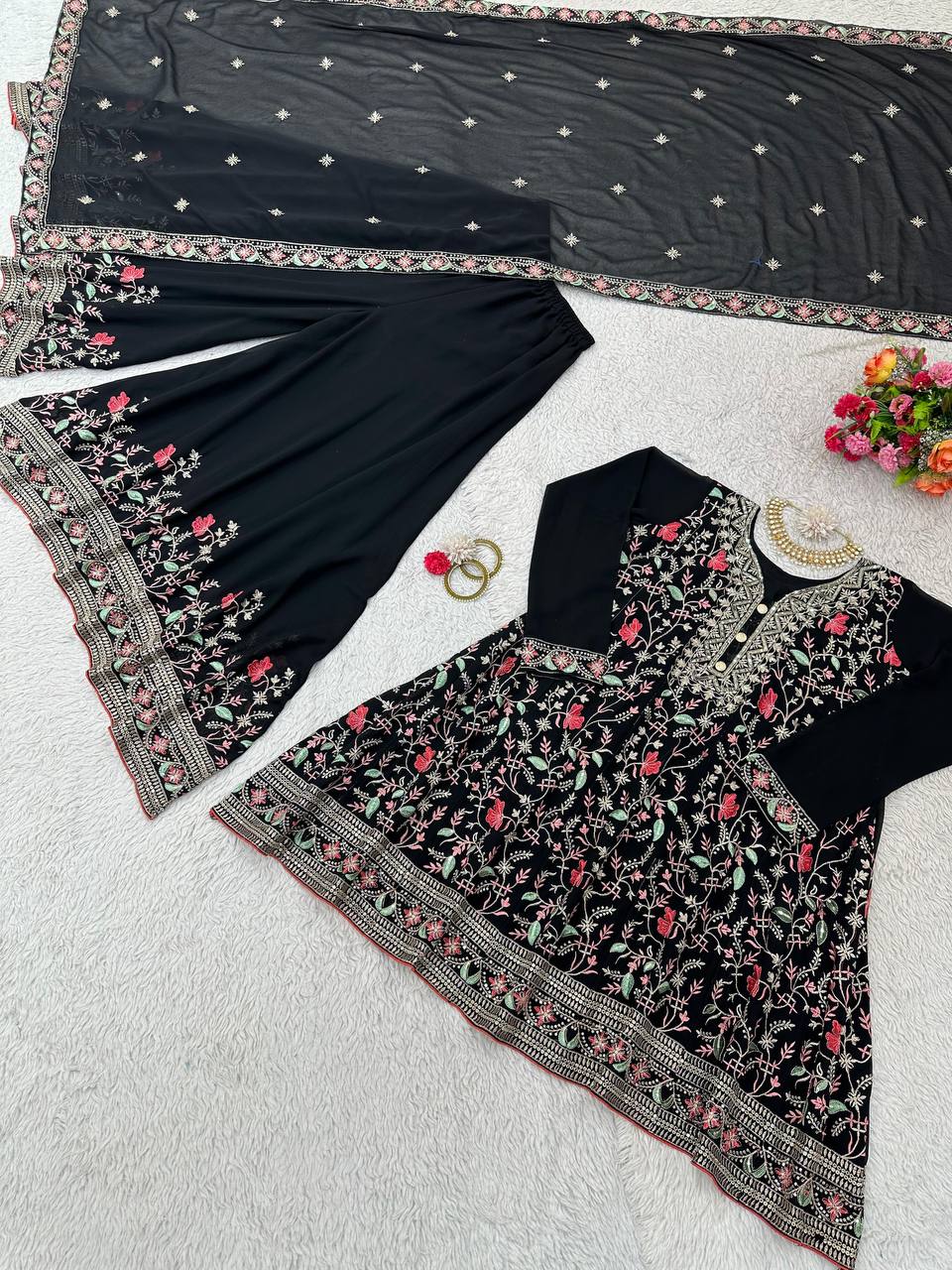 Black Georgette Sharara Suit with Palazzo Set for Women