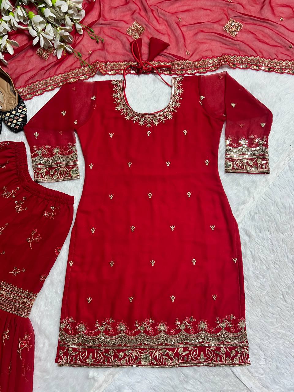 Latest Designer Red  Heavy Faux Georgette Sharara Palazzo Set