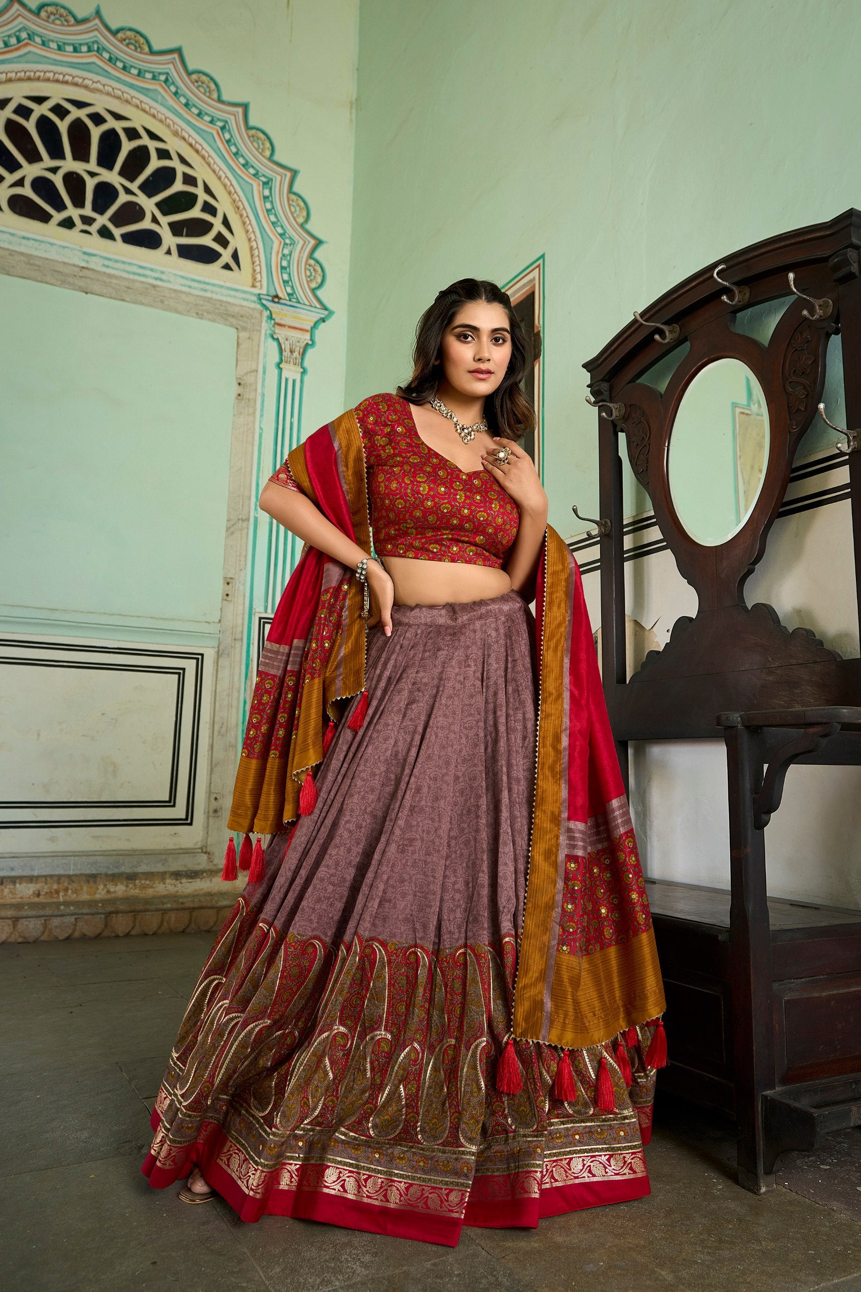 Kashmiri Print Tussar Silk Lehenga Blouse Set for Women