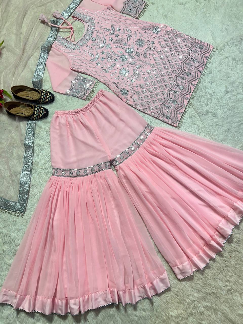 Pink Georgette Embroidery Sharara Palazzo Suit for Punjabi Wedding