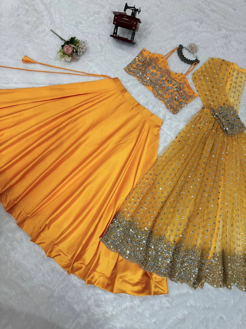 Luxurious Japan Satin Lehenga with 4.5 Meter Flair, Butterfly Net Choli & Koti with Sequins