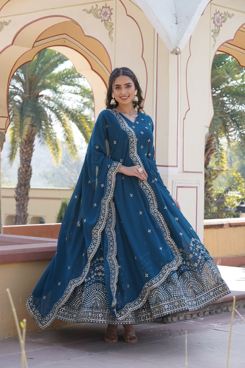 Russian Silk with Embroidery Printed Anarkali Gown