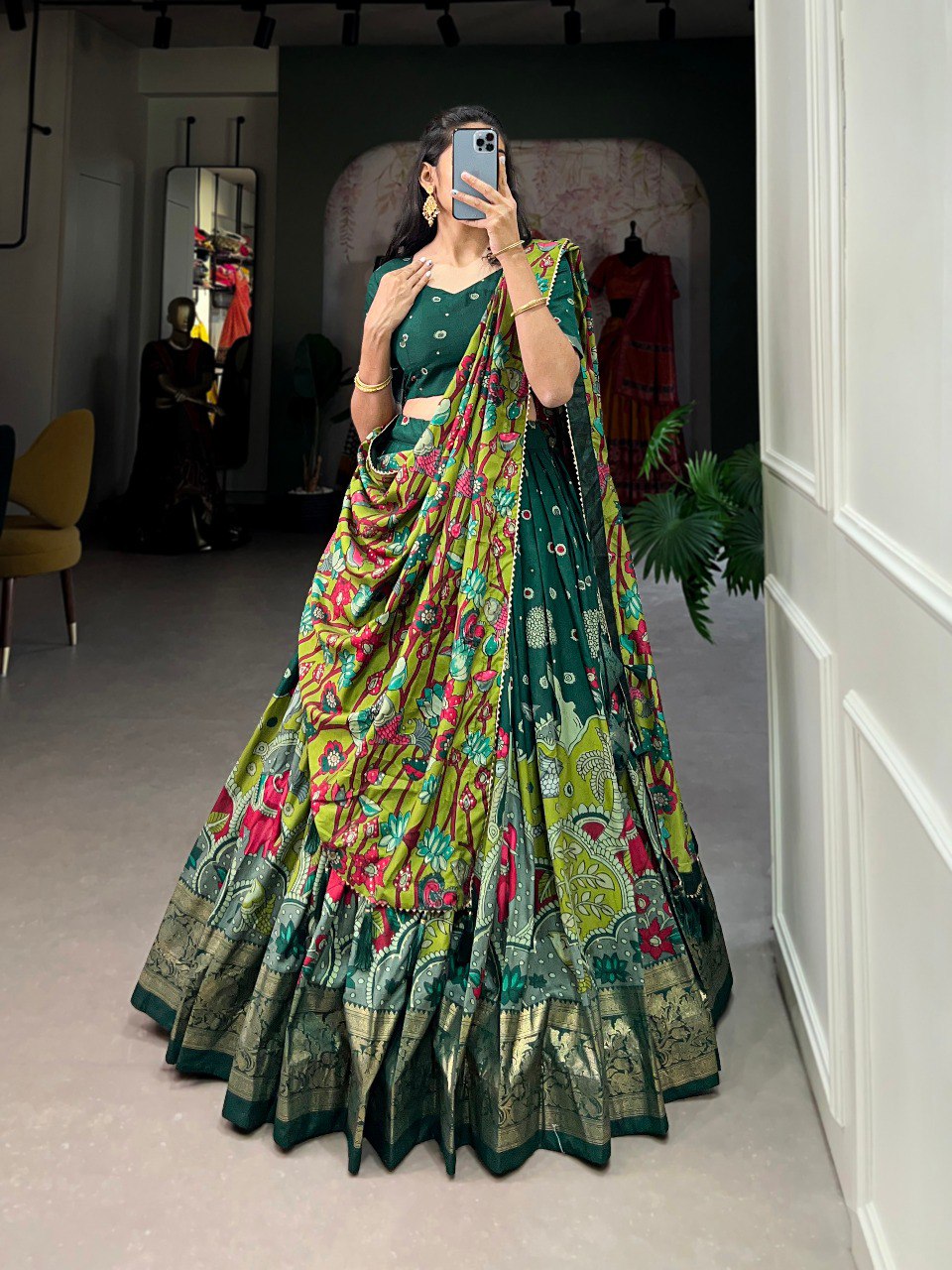 Kalamkari Print Tussar Silk Navratri Lehenga Set for Women