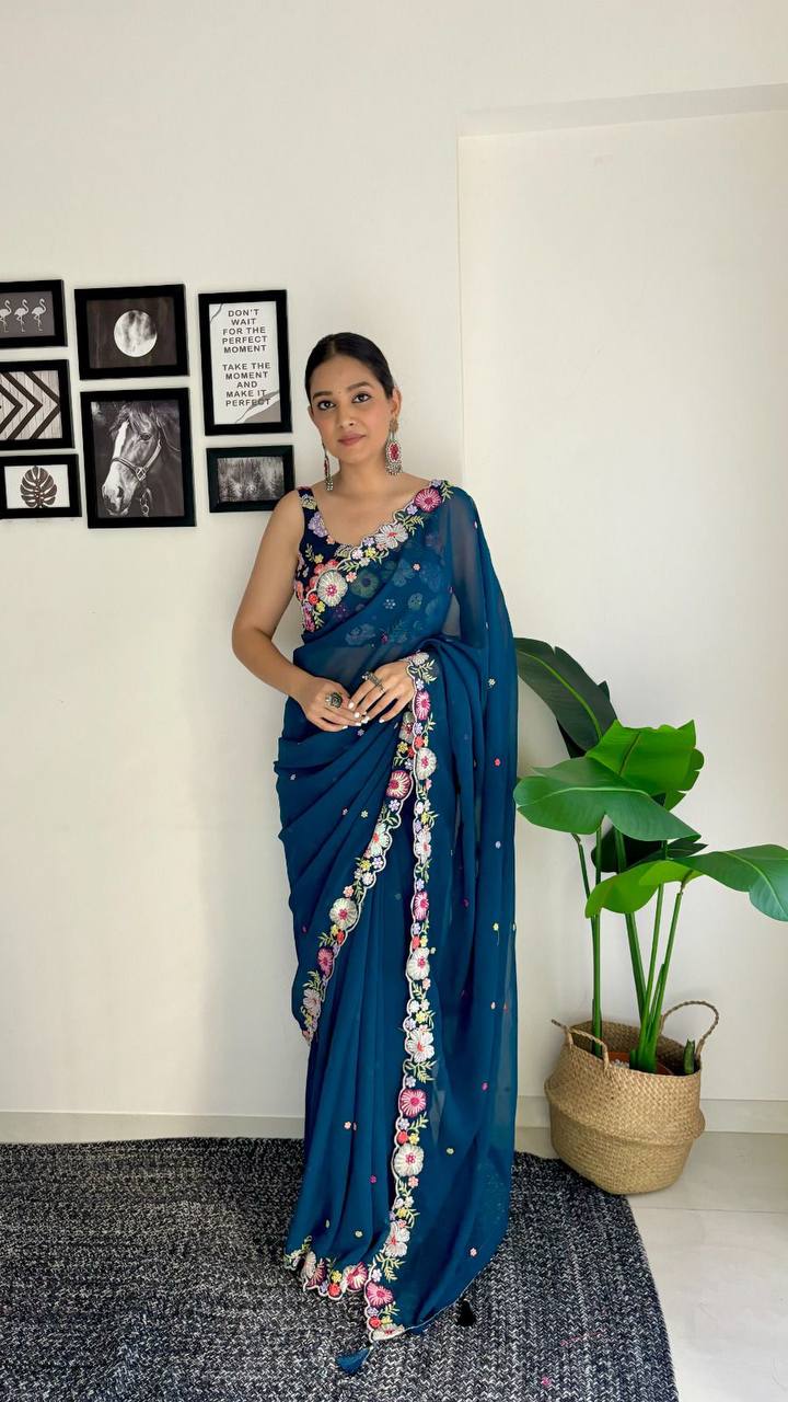 Shaded Faux Georgette Saree with Multicolored Embroidery and Sequins - Sky Blue XXL