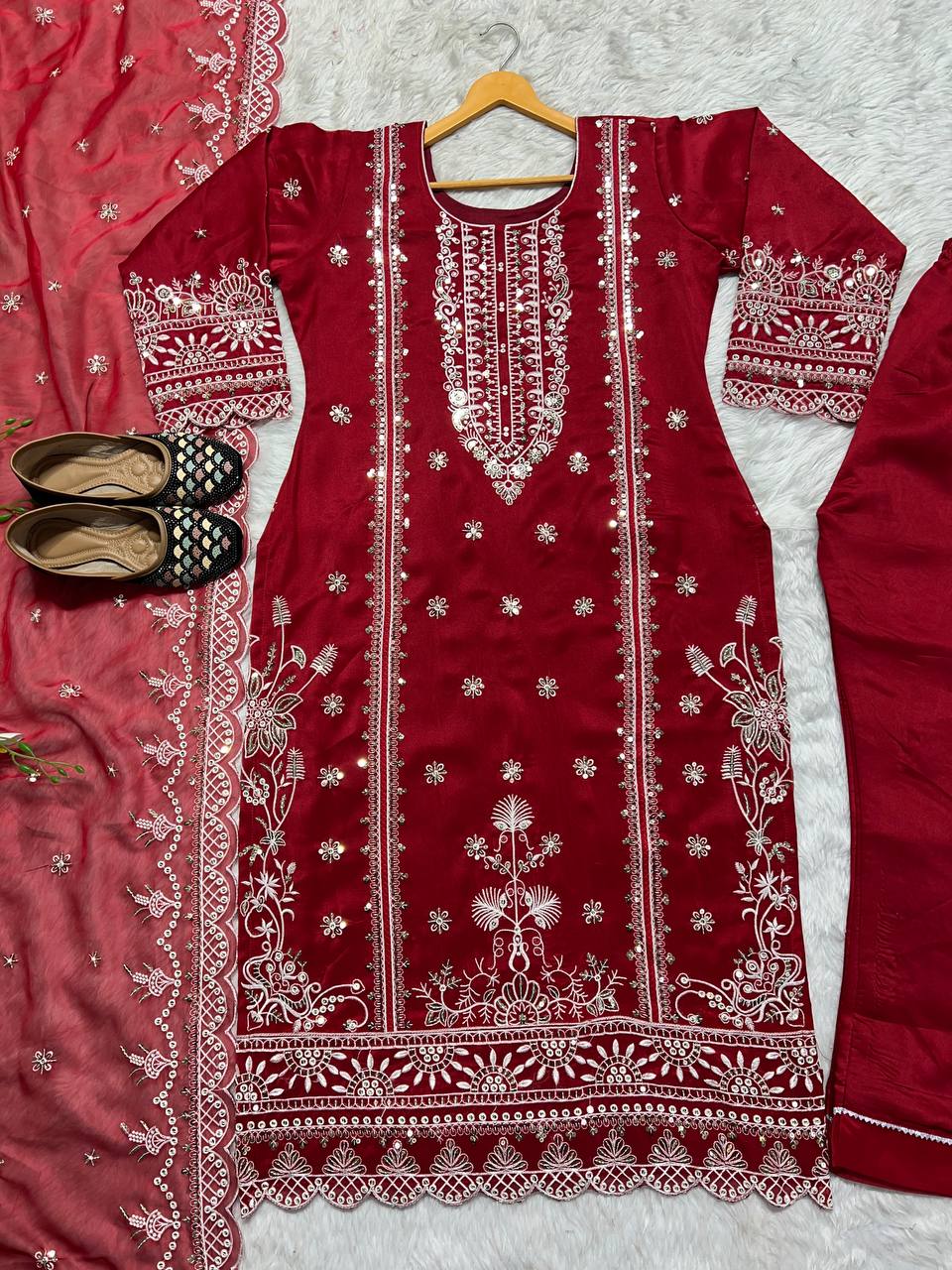 Heavy Pure Organza Red Salwar Kameez for Women