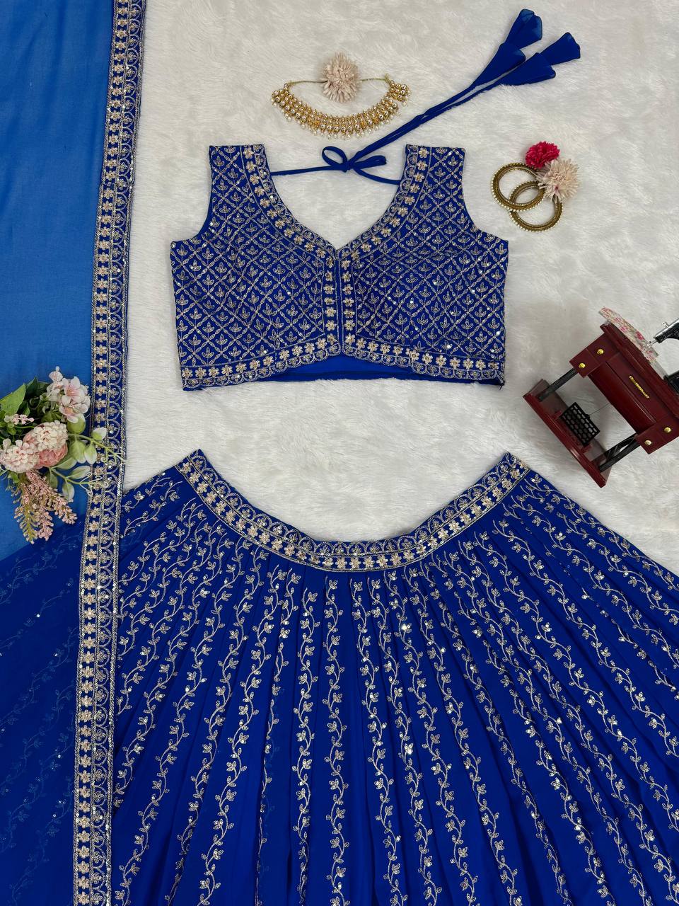 Blue Foux Georgette Embroidery Lehenga Choli for Women