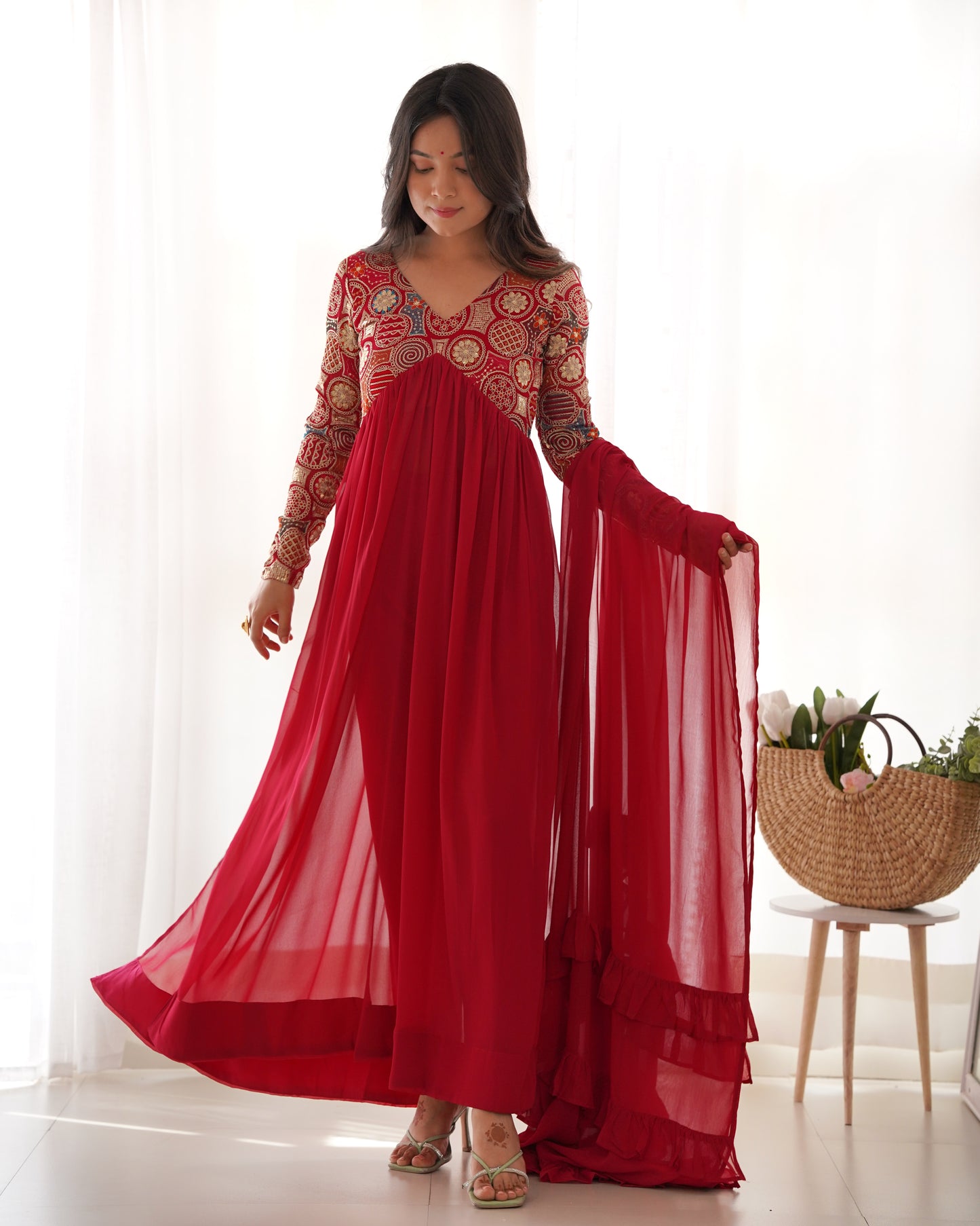 Party Wear Red Color Heavy pure soft Organza Silk, Anarkali Suit Set With Full Sleeves