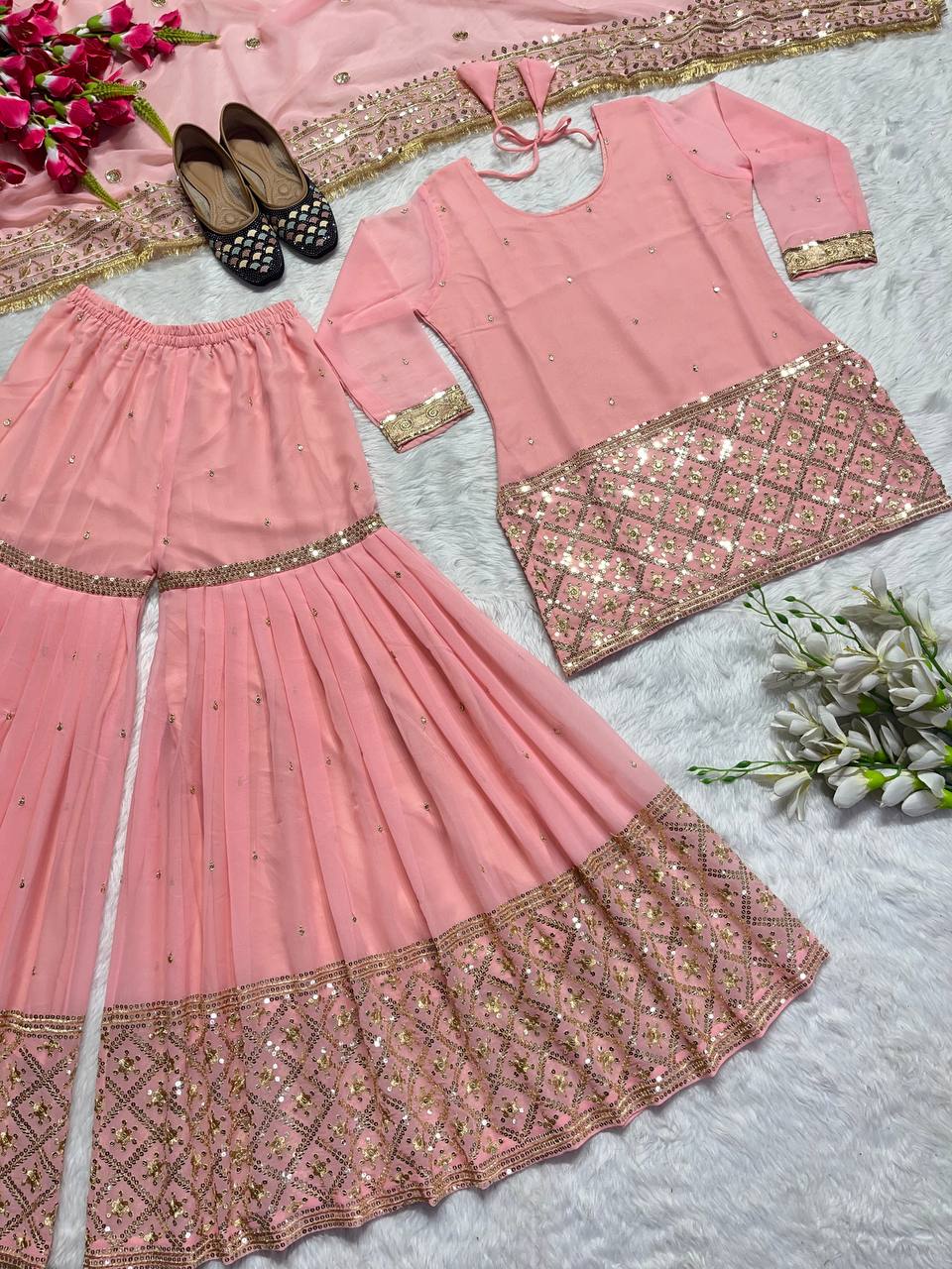 Pink and Green Sharara Set Heavy Faux Georgette