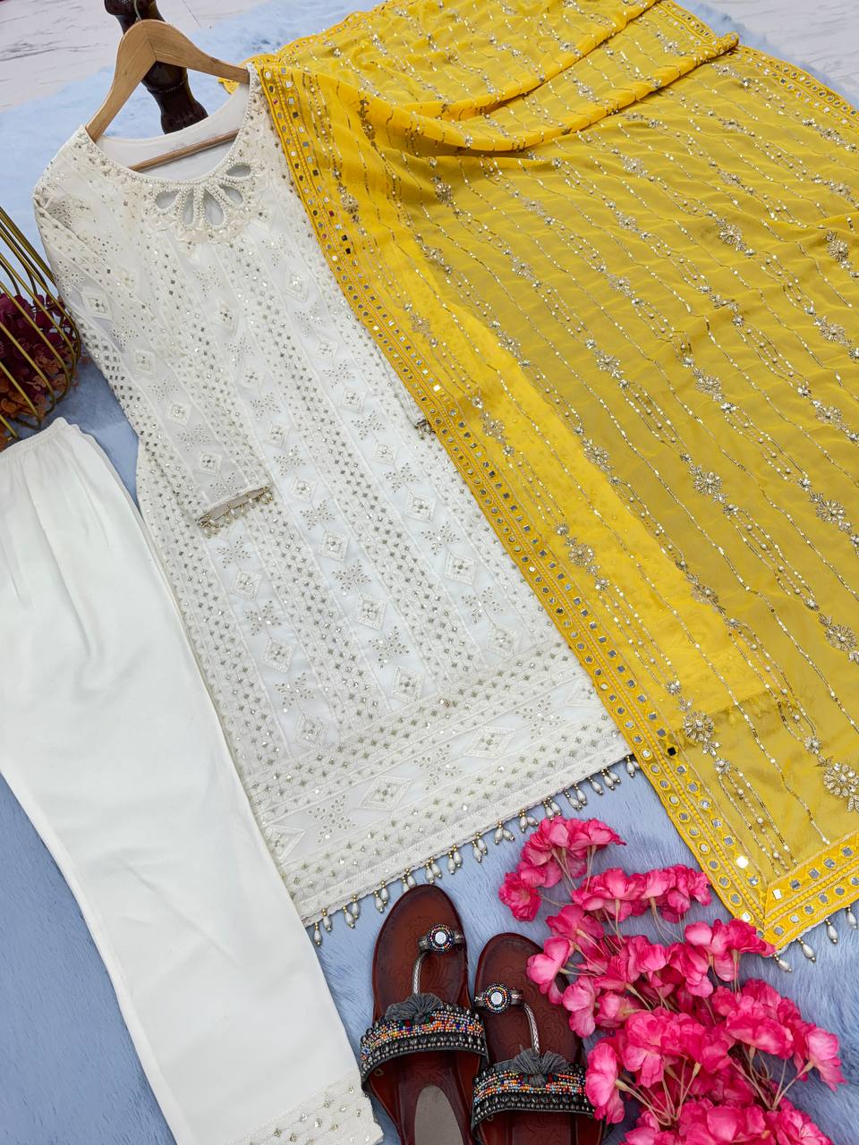 White and Yellow Georgette Kurta Dupatta Set