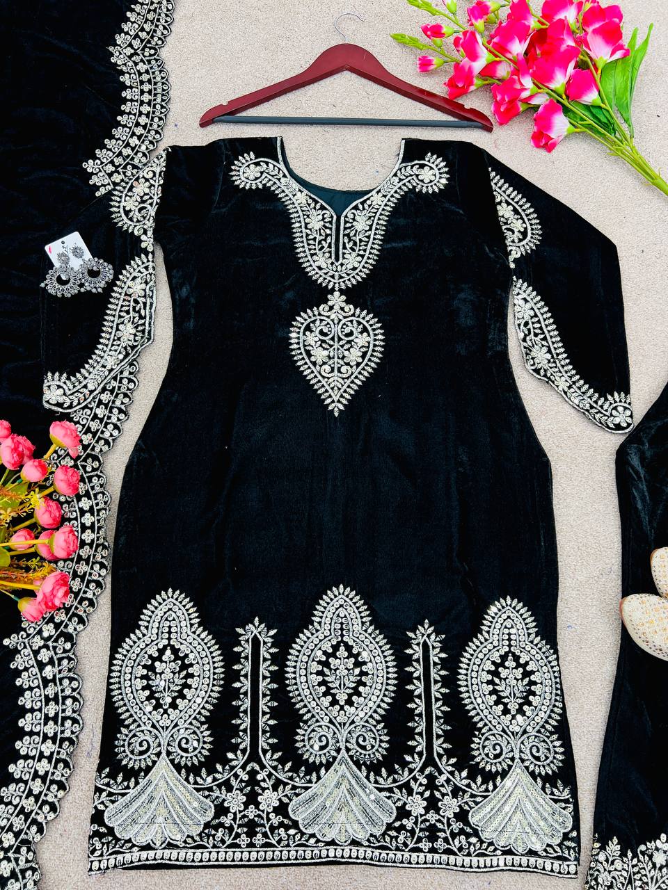 Black Heavy Viscose Velvet Pakistani Salwar Suit With Heavy Embroidery & Sequence Work, Dress For Eid Special
